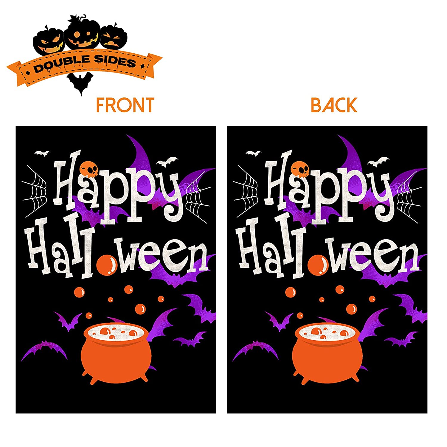 2 Pcs Double-Sided Happy Halloween Garden Flags 12 x 18 (Pumpkin, Witch Hat)