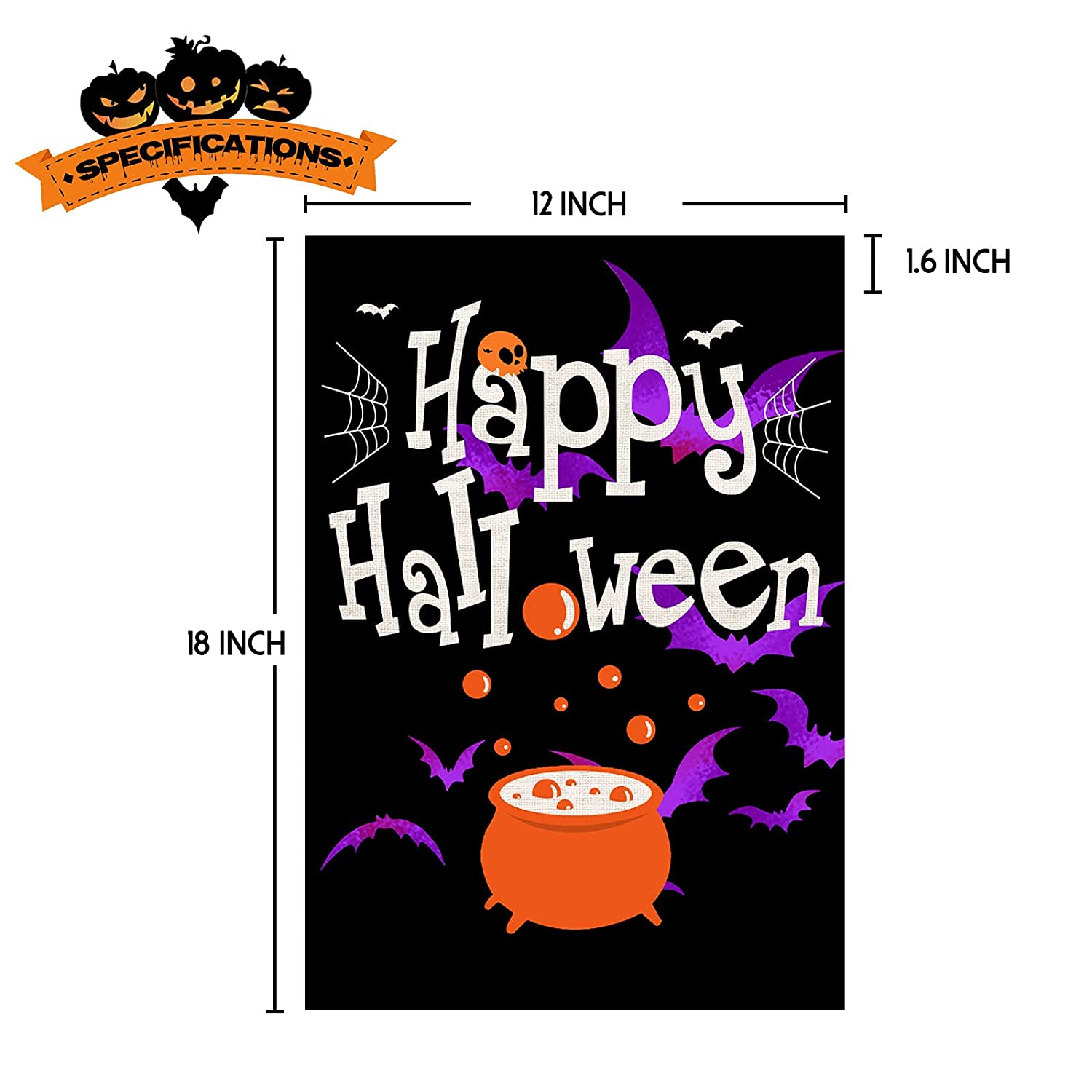 2 Pcs Double-Sided Happy Halloween Garden Flags 12 x 18 (Pumpkin, Witch Hat)
