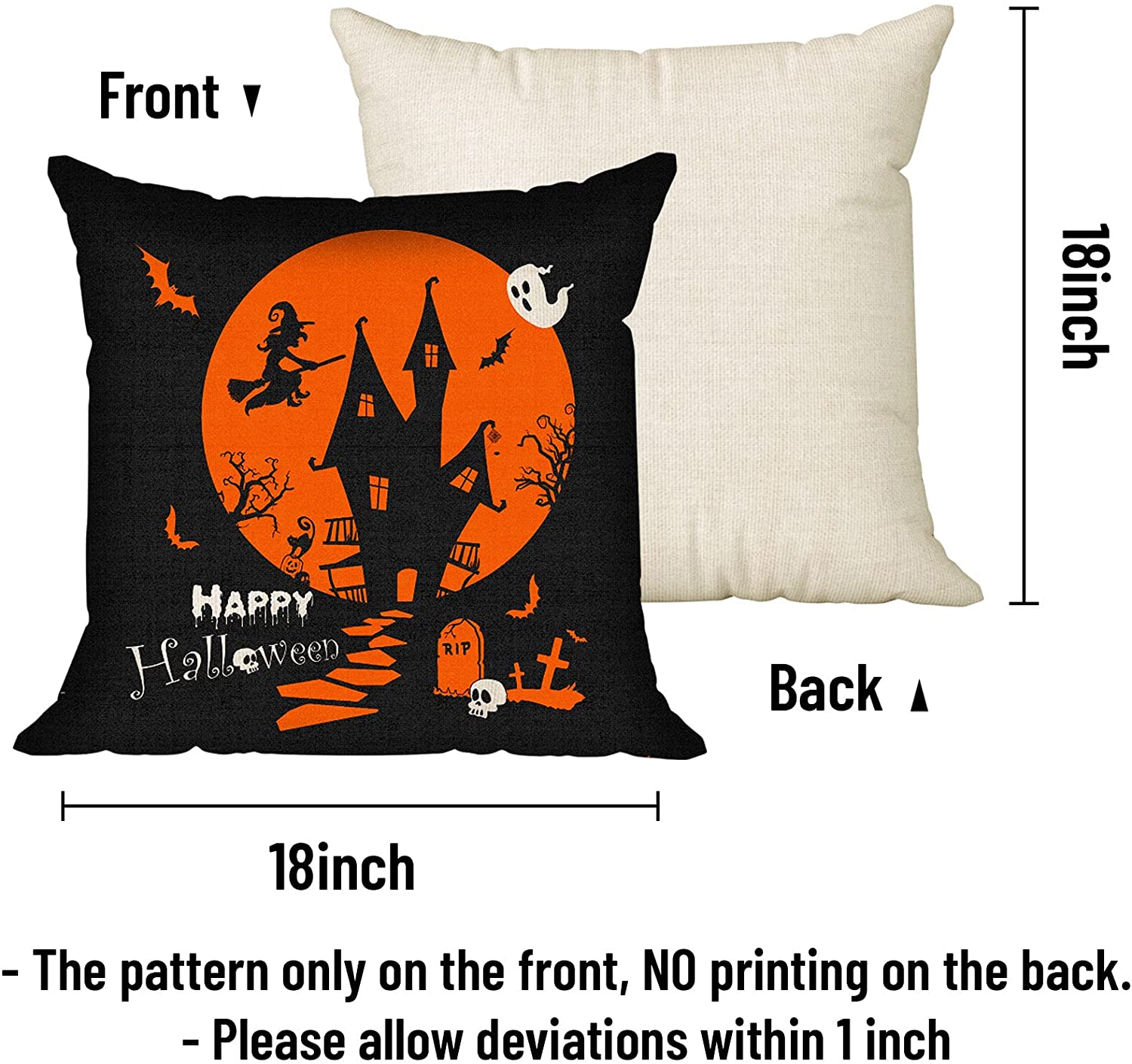 Set of 4 Happy Halloween Throw Pillow Covers 18 x 18 with 4 Bonus Coasters (Check, Pumpkin)