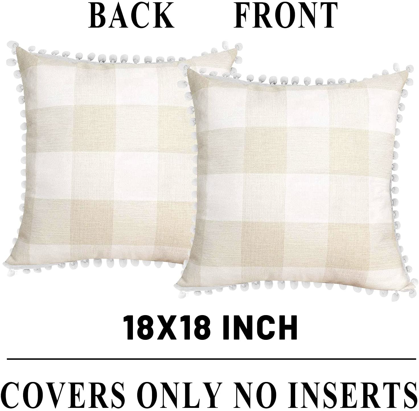 Set of 2 Buffalo Check Throw Pillow Covers 18 x 18 with 2 Bonus Coasters (Cream & Beige)