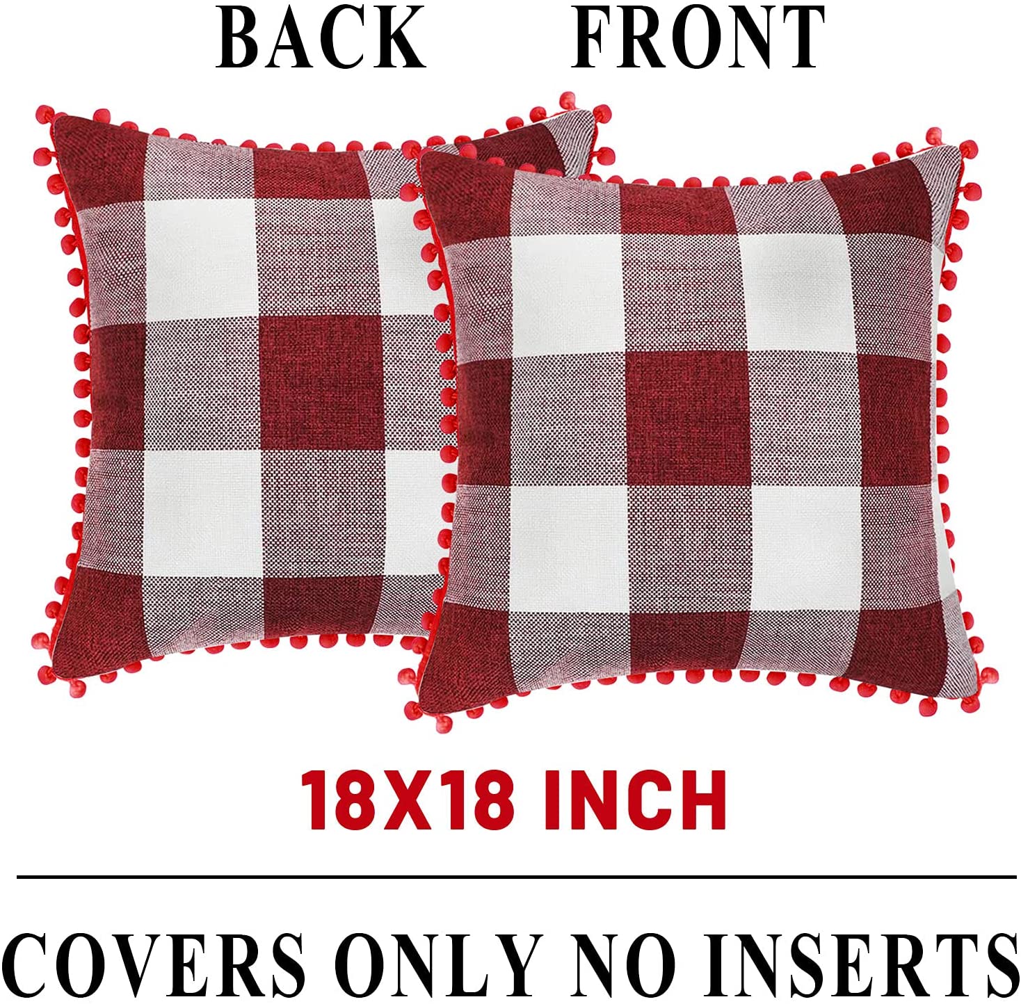Set of 2 Buffalo Check Throw Pillow Covers 18 x 18 with 2 Bonus Coasters (Burgundy & White)