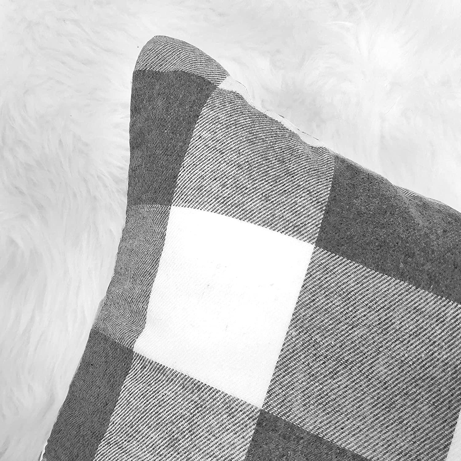 Set of 2 Farmhouse Buffalo Check Throw Pillow Covers 18 x 18 with 2 Bonus Coasters (Grey & White)