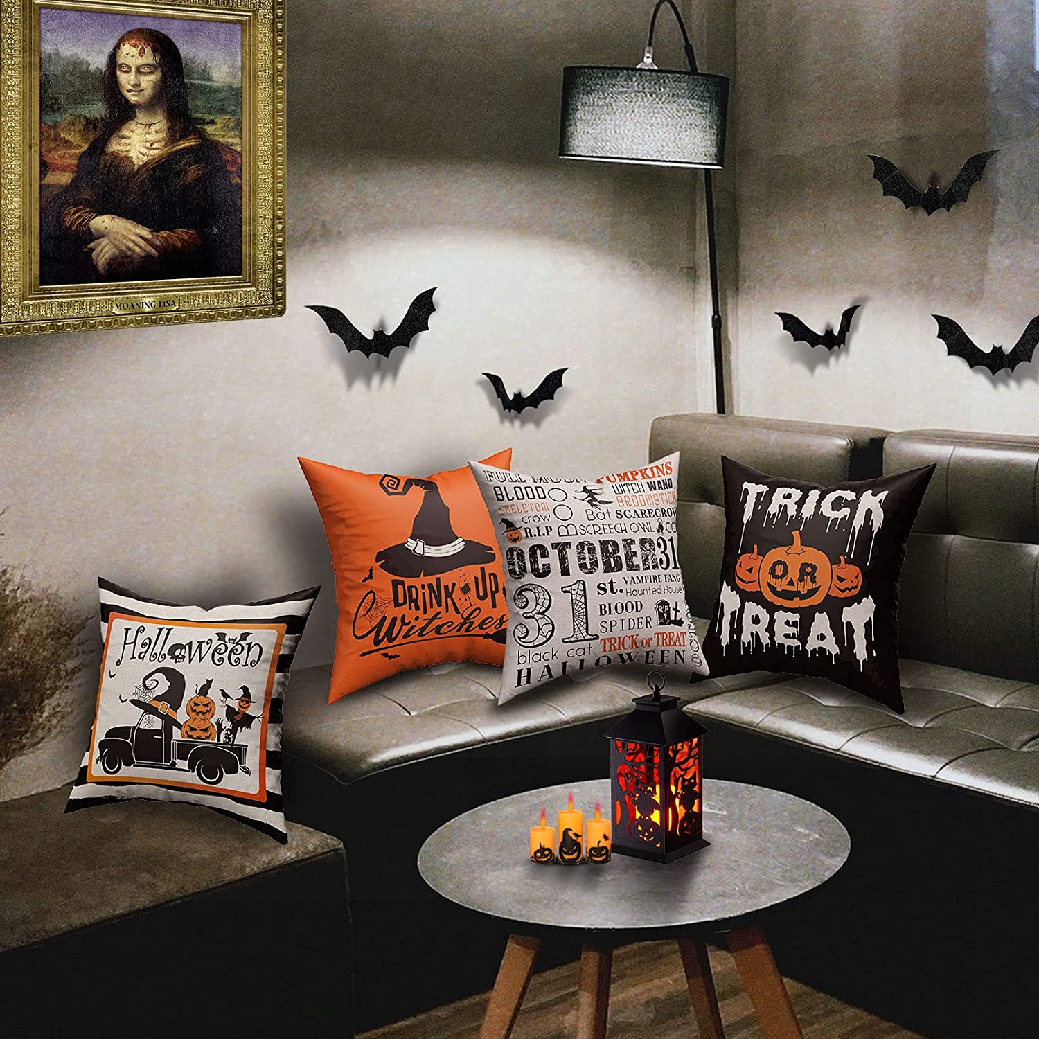 Set of 4 Spooky Halloween Pillow Cover 18 x 18 with 4 Bonus Coasters (Witch Hat, Truck)