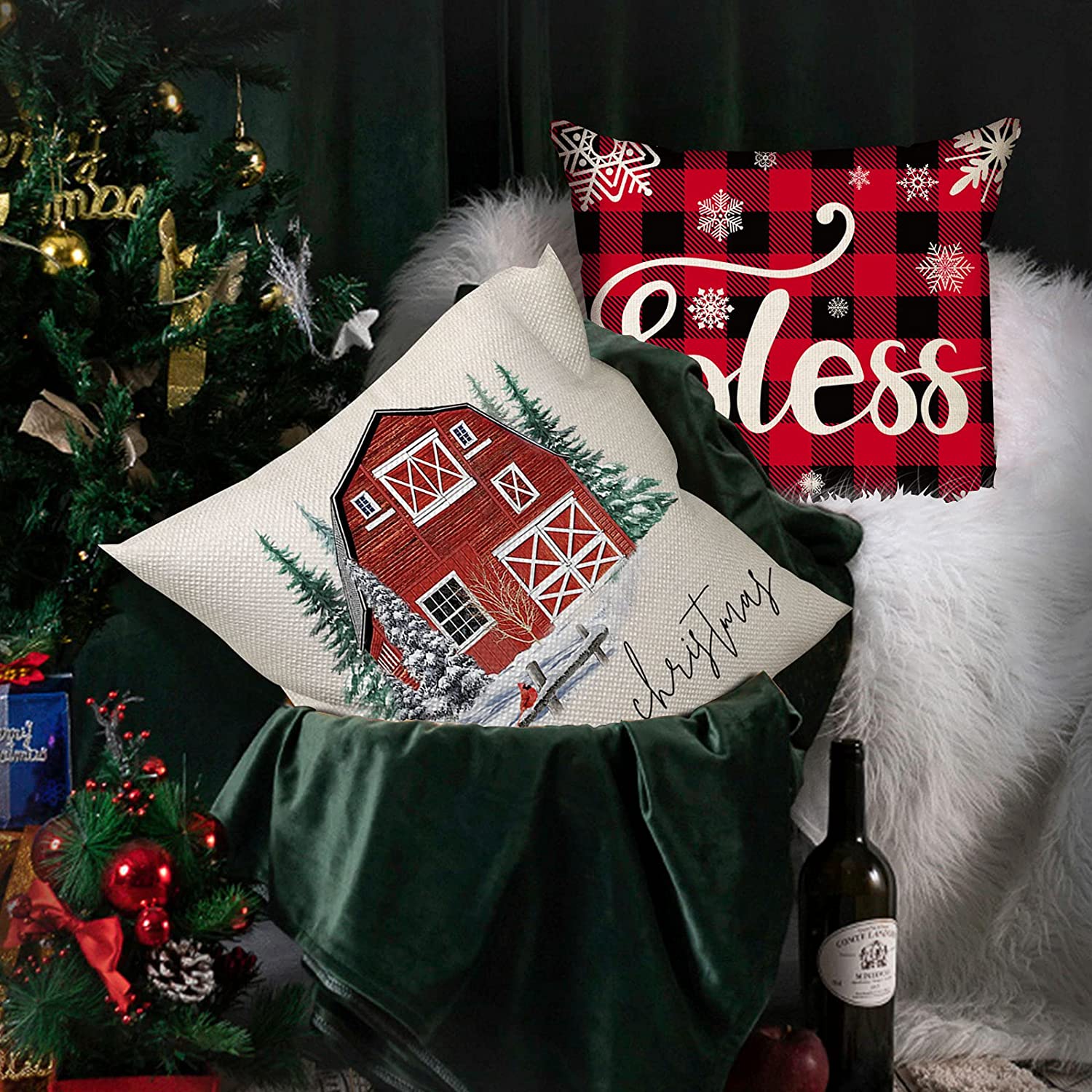 Set of 4 Buffalo Plaid Christmas Pillow Covers 18 x 18 with 4 Bonus Coasters (Farmhouse, Truck)