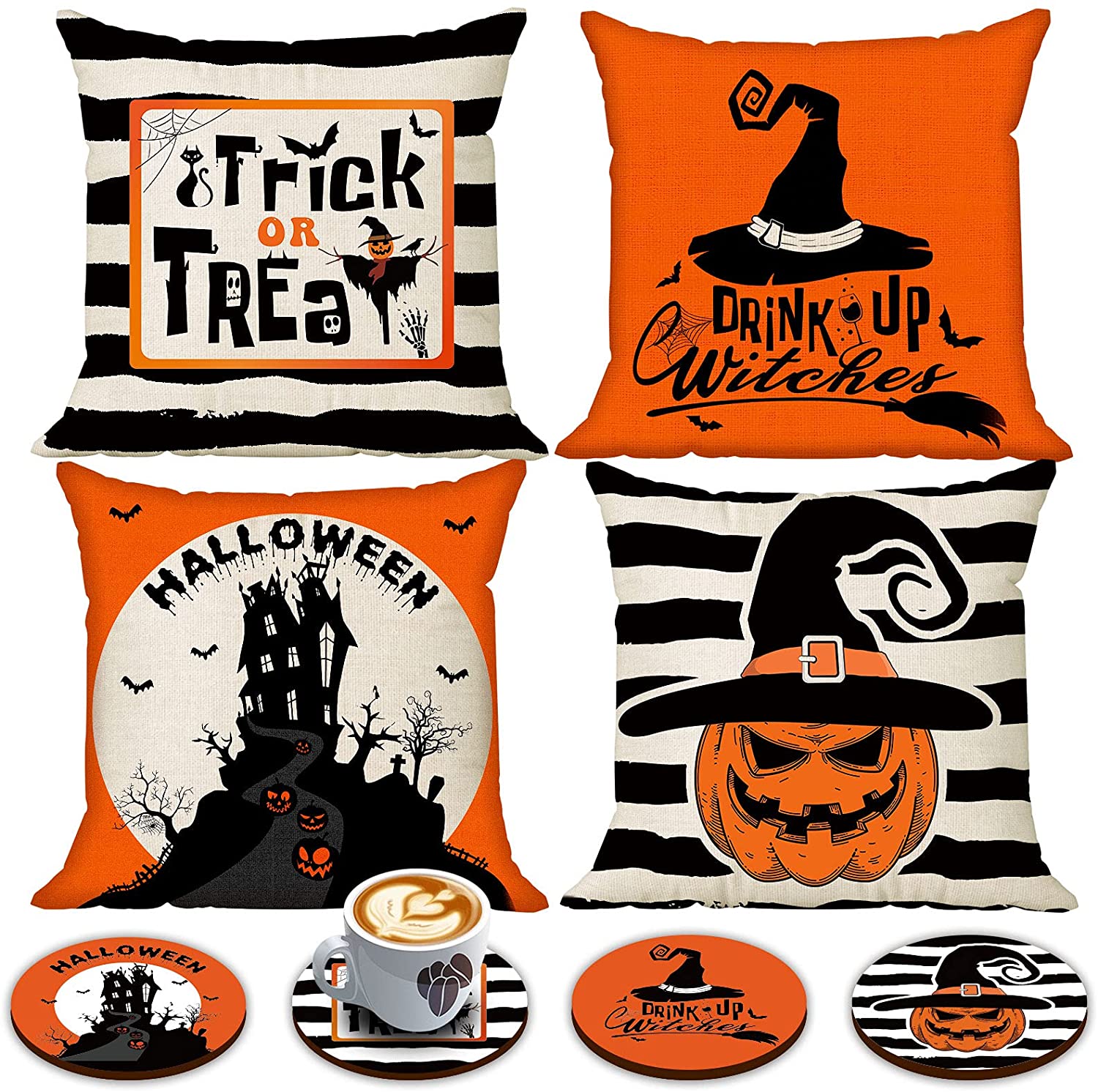 Set of 4 Happy Halloween Pillow Cover 18 x 18 with 4 Bonus Decorative Coasters (Witch Hat, Pumpkin)
