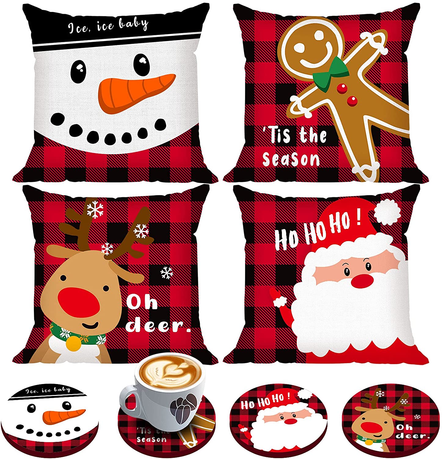 Set of 4 Buffalo Plaid Christmas Pillow Covers 18 x 18 with 4 Bonus Coasters (Snowman, Santa)