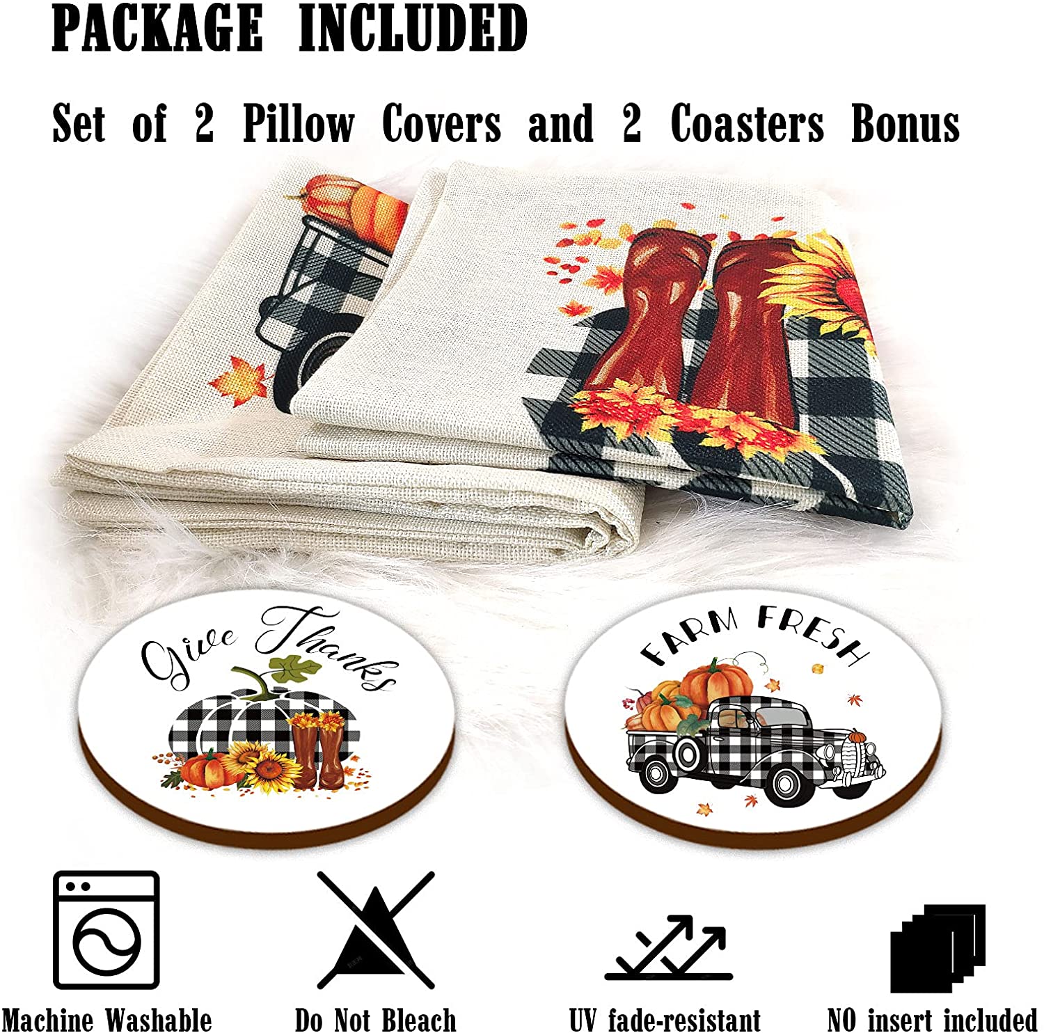 Set of 2 Buffalo Check Plaid Fall Pillow Covers 18 x 18 with 2 Bonus Coasters (Plaid, Pumpkin)