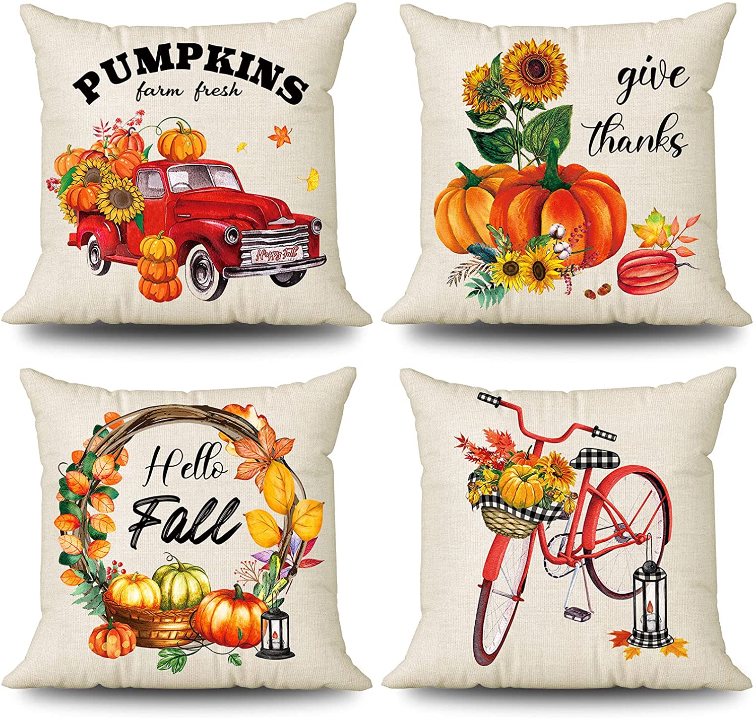 4 Pcs Fall Farmhouse Pillow Covers 18 x 18 (Sunflower, Bicycle)