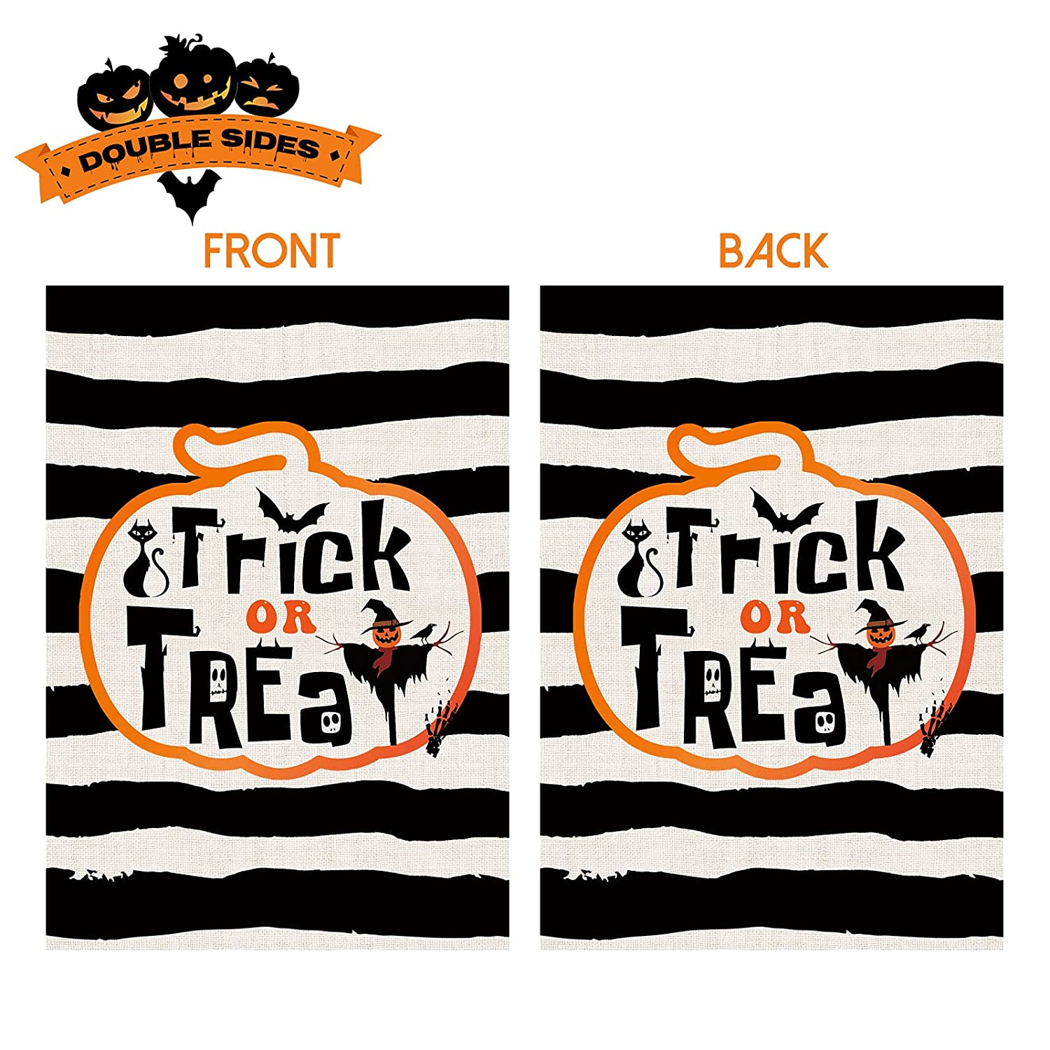 2 Pcs Double-Sided Trick or Treat Halloween Flags 12 x 18 (Stripe, Pumpkin)
