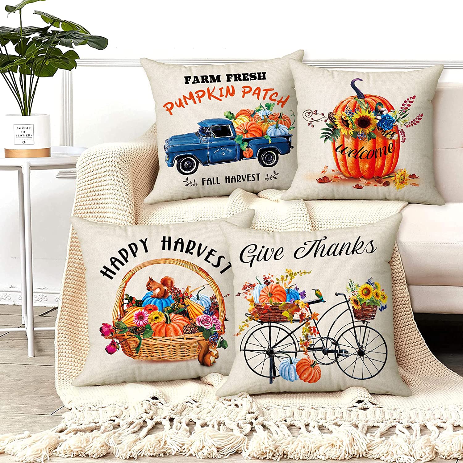 Set of 4 Thanksgiving Fall Pillow Covers 18 x 18 with 4 Bonus Coasters (Truck, Bicycle)