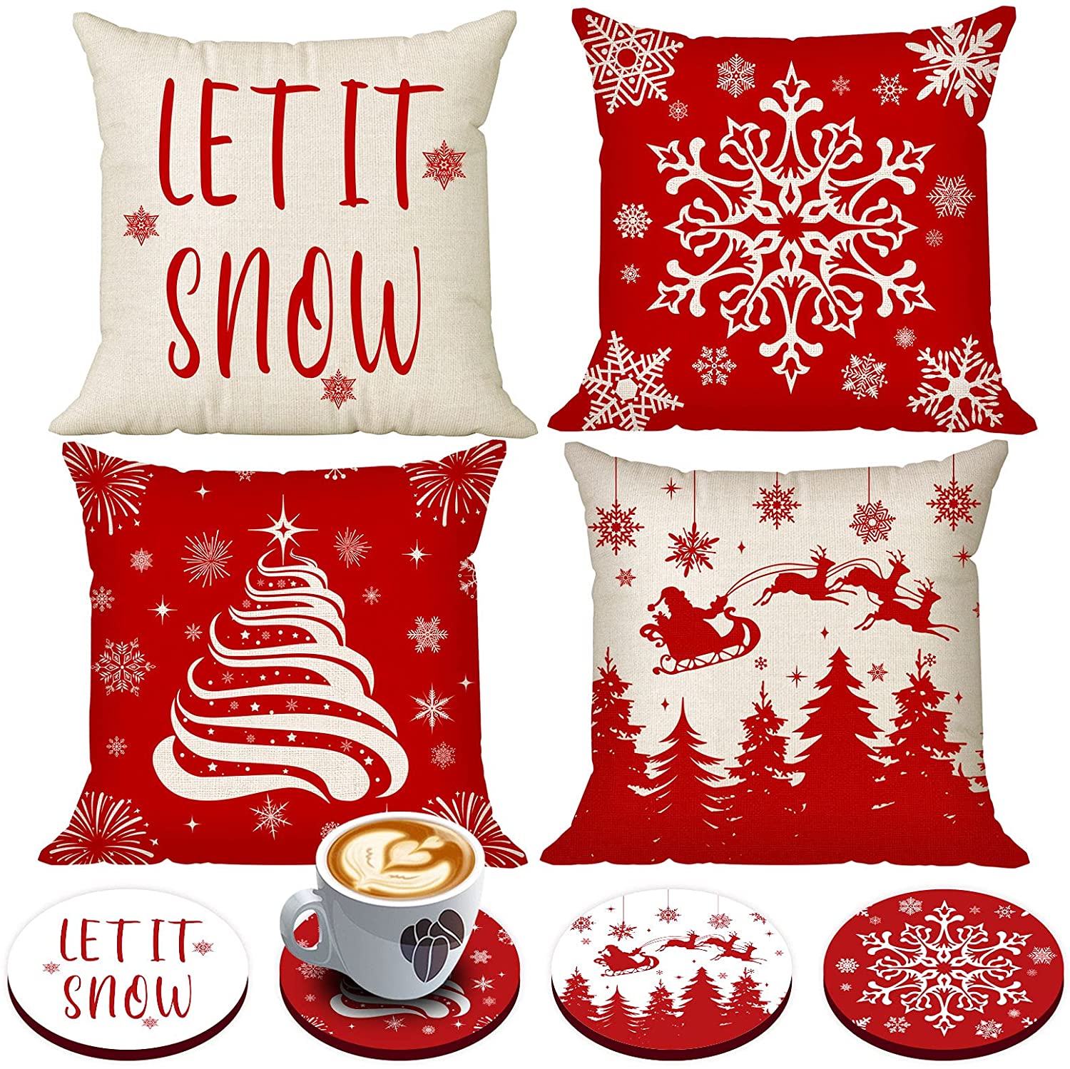 Set of 4 Christmas Pillow Covers 18 x 18 with 4 Bonus Coasters (Snow, Tree)
