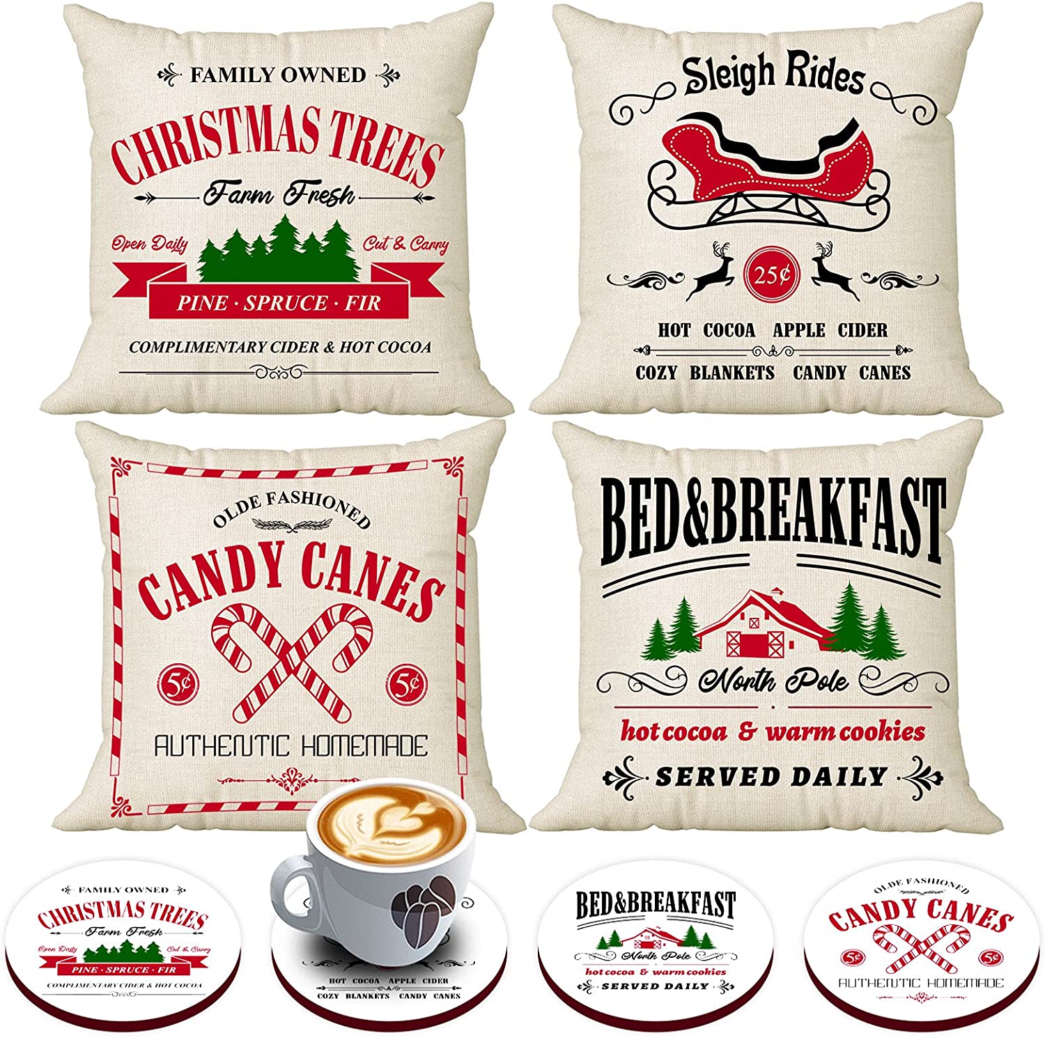 4 Pcs Christmas Decorative Pillow Cover 18 x 18 with 4 Bonus Coasters (Sleigh Ride, Candy)