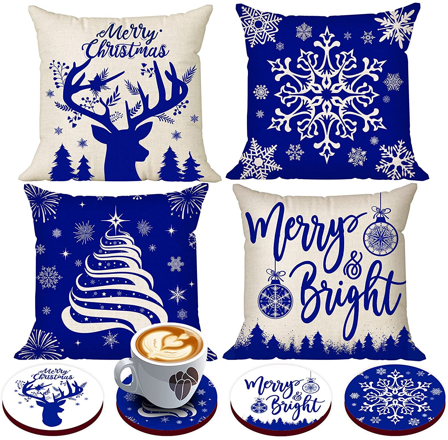 Set of 4 Christmas Pillow Covers 18 x 18 with 4 Bonus Coasters (Deer, Snow)