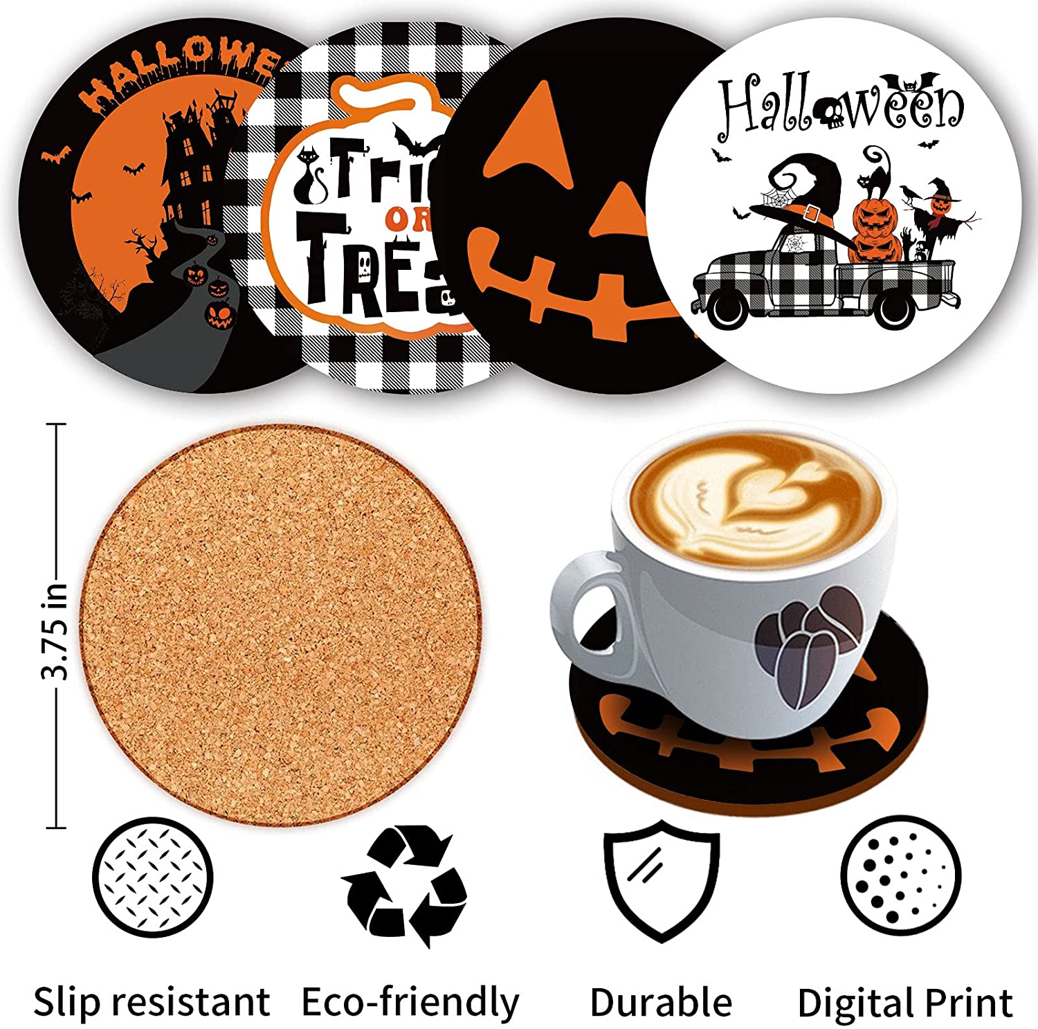 Set of 4 Halloween Throw Pillow Covers 18 x 18 with 4 Bonus Coasters (Truck, Castle)