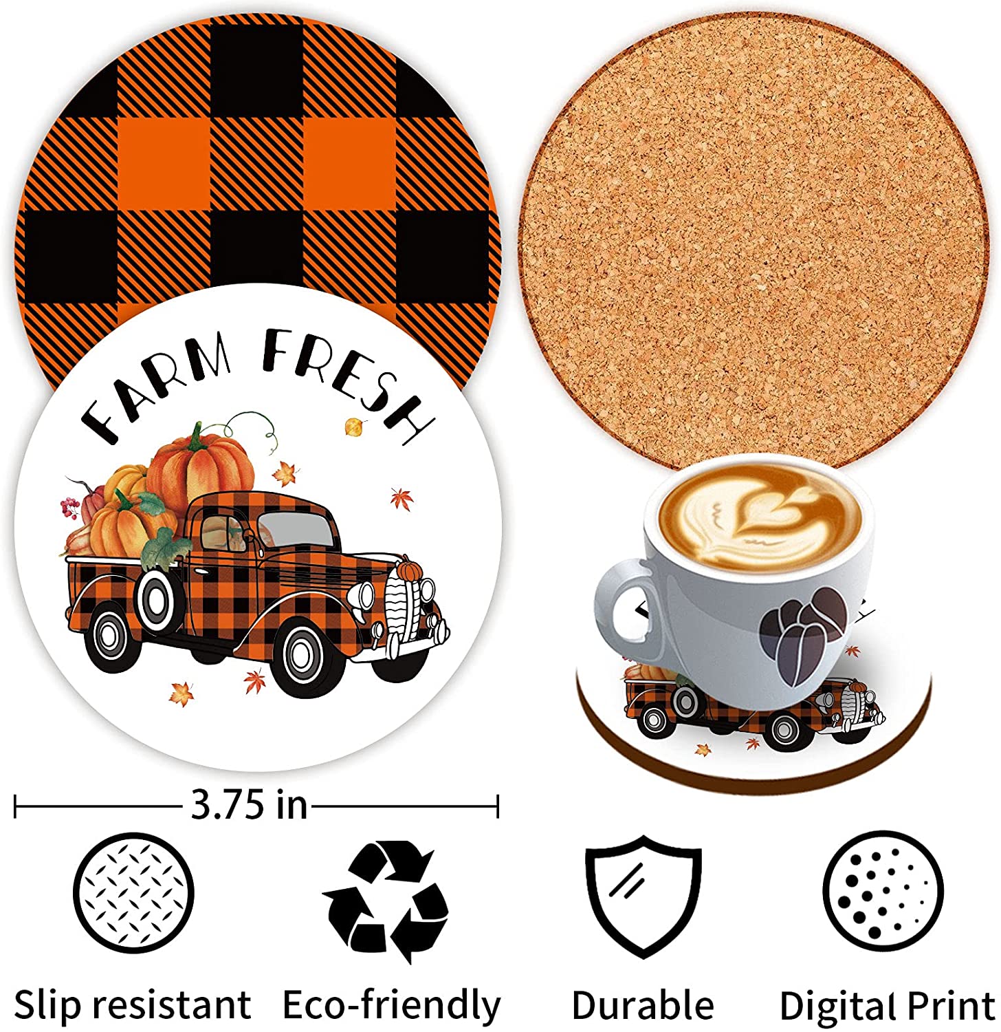 Set of 2 Happy Fall Pillow Covers 18 x 18 with 2 Bonus Coasters (Plaid, Truck)