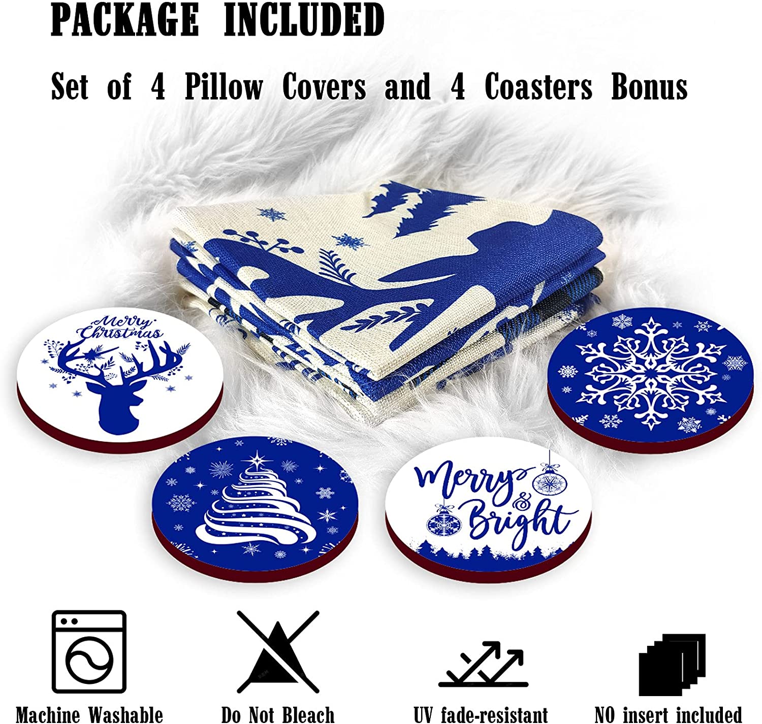 Set of 4 Christmas Pillow Covers 18 x 18 with 4 Bonus Coasters (Deer, Snow)