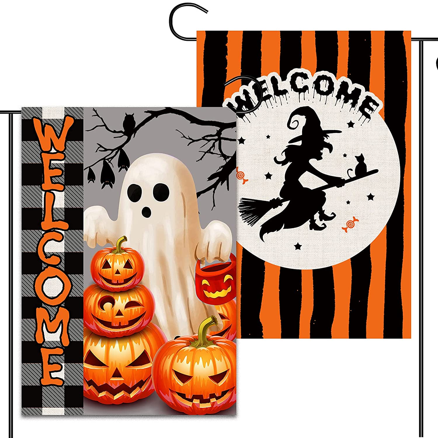 2 Pcs Double-Sided Festive Halloween Yard Flags 12 x 18 (Ghost, Witch)