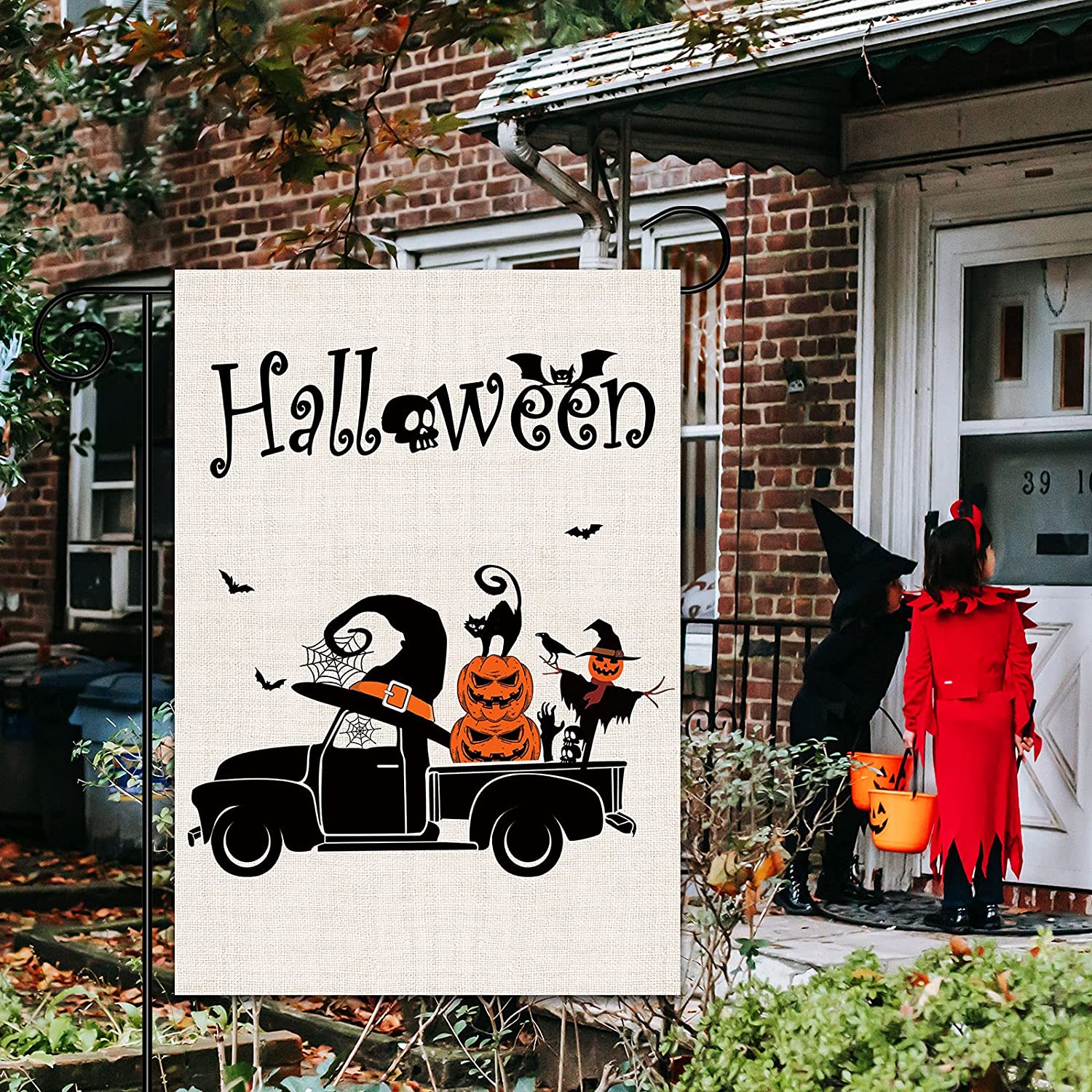 2 Pcs Double-Sided Decorative Halloween Outdoor Flags 12 x 18 (Pumpkin, Truck)