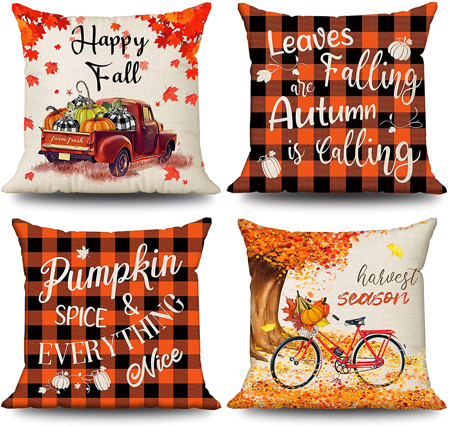 4 Pcs Happy Harvest Decorative Pillow Covers 18 x 18 (Truck, Bicycle)