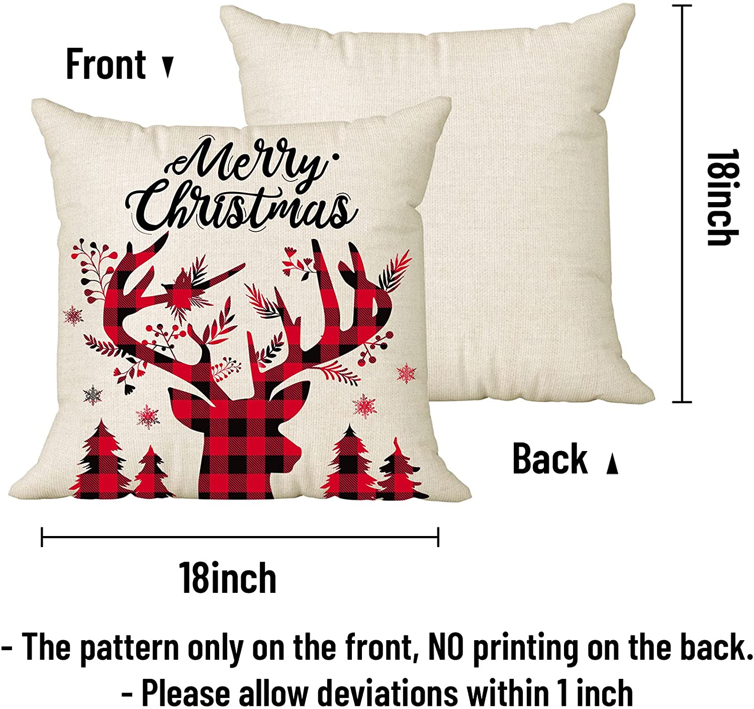 Set of 4 Rustic Christmas Pillow Covers 18 x 18 with 4 Bonus Coasters (Truck, Reindeer)