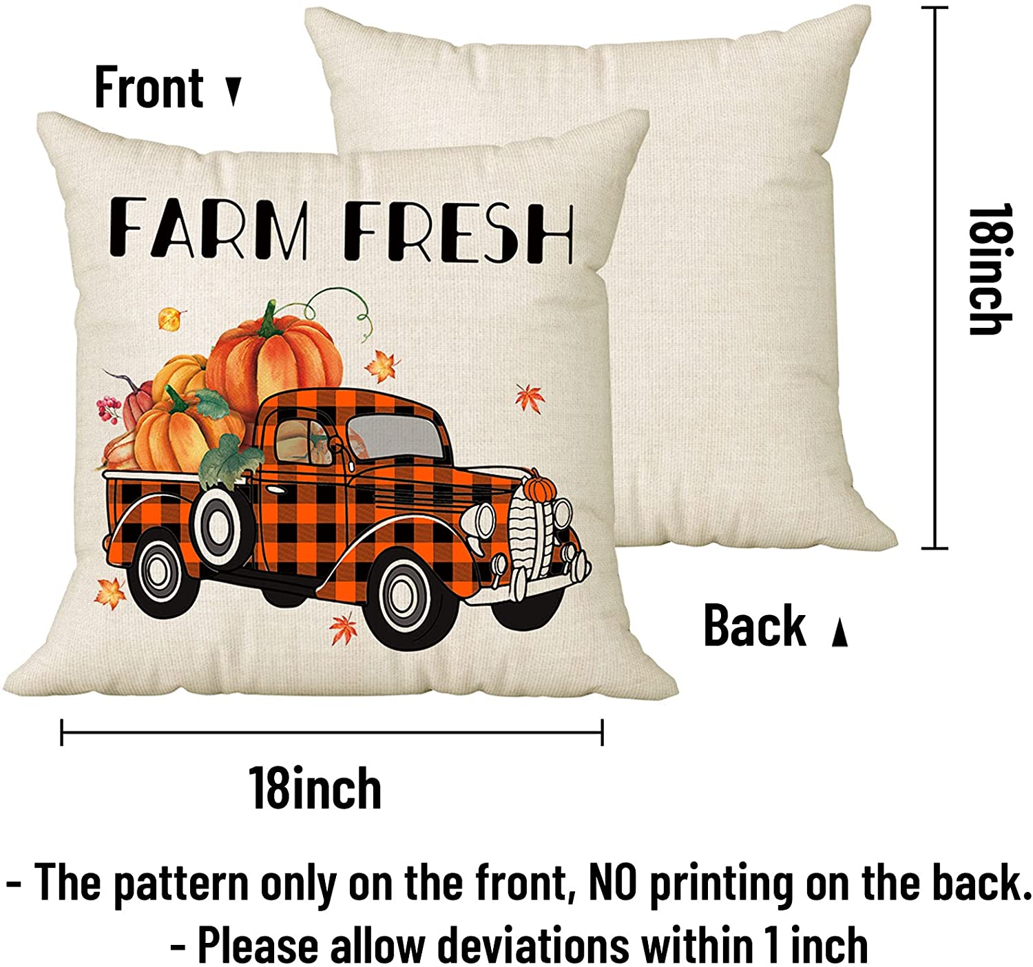 Set of 2 Happy Fall Pillow Covers 18 x 18 with 2 Bonus Coasters (Check, Truck)