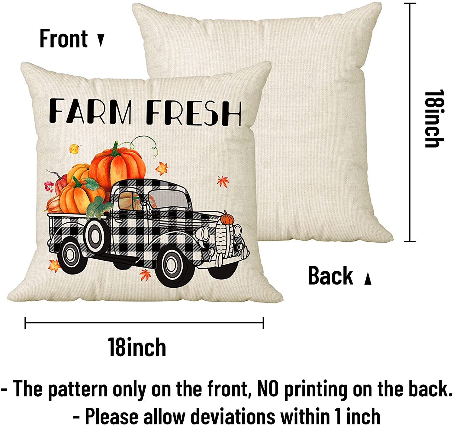 Set of 2 Buffalo Check Plaid Fall Pillow Covers 18 x 18 with 2 Bonus Coasters (Plaid, Truck)