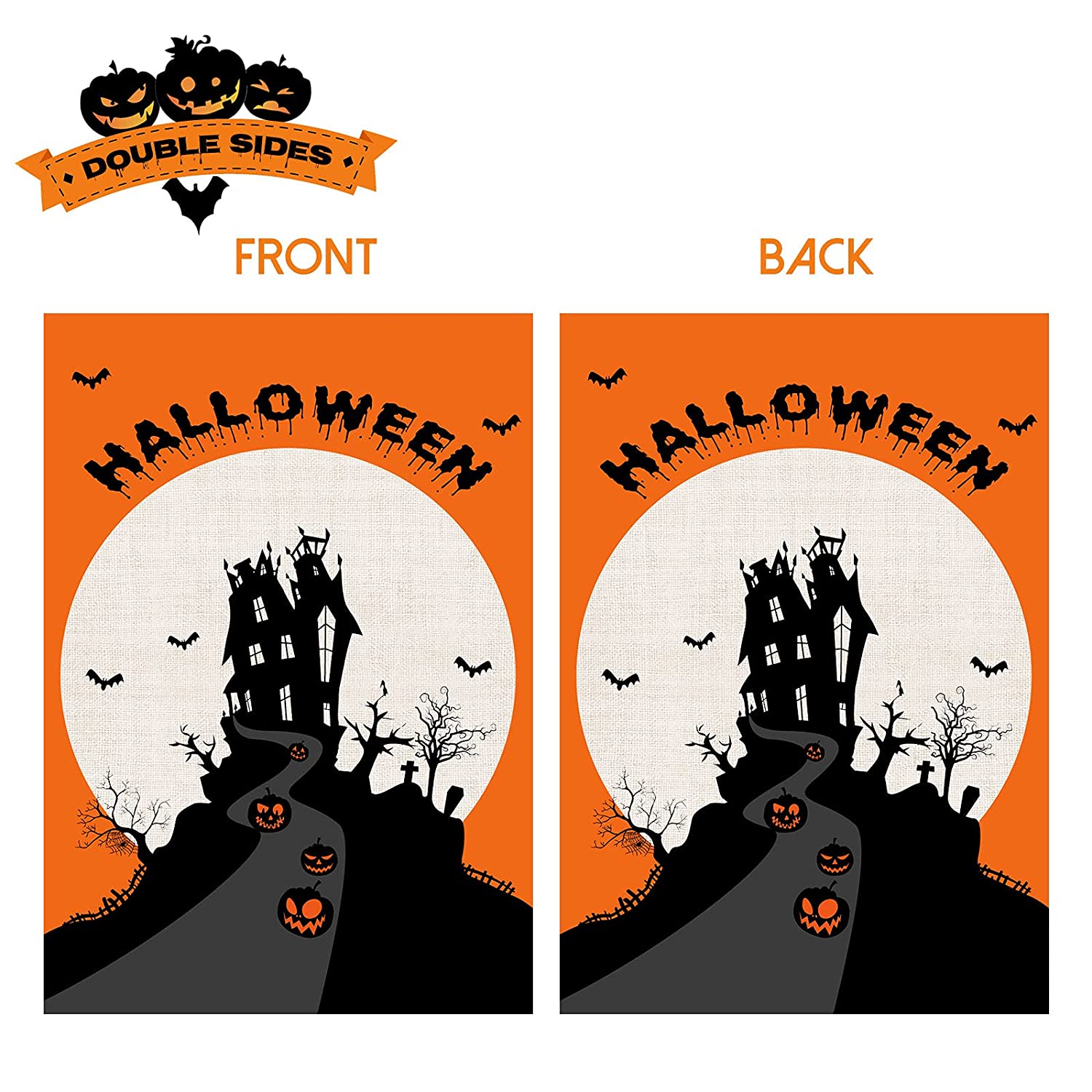2 Pcs Double-Sided Decorative Halloween Outdoor Flags 12 x 18 (Stripe, Castle)