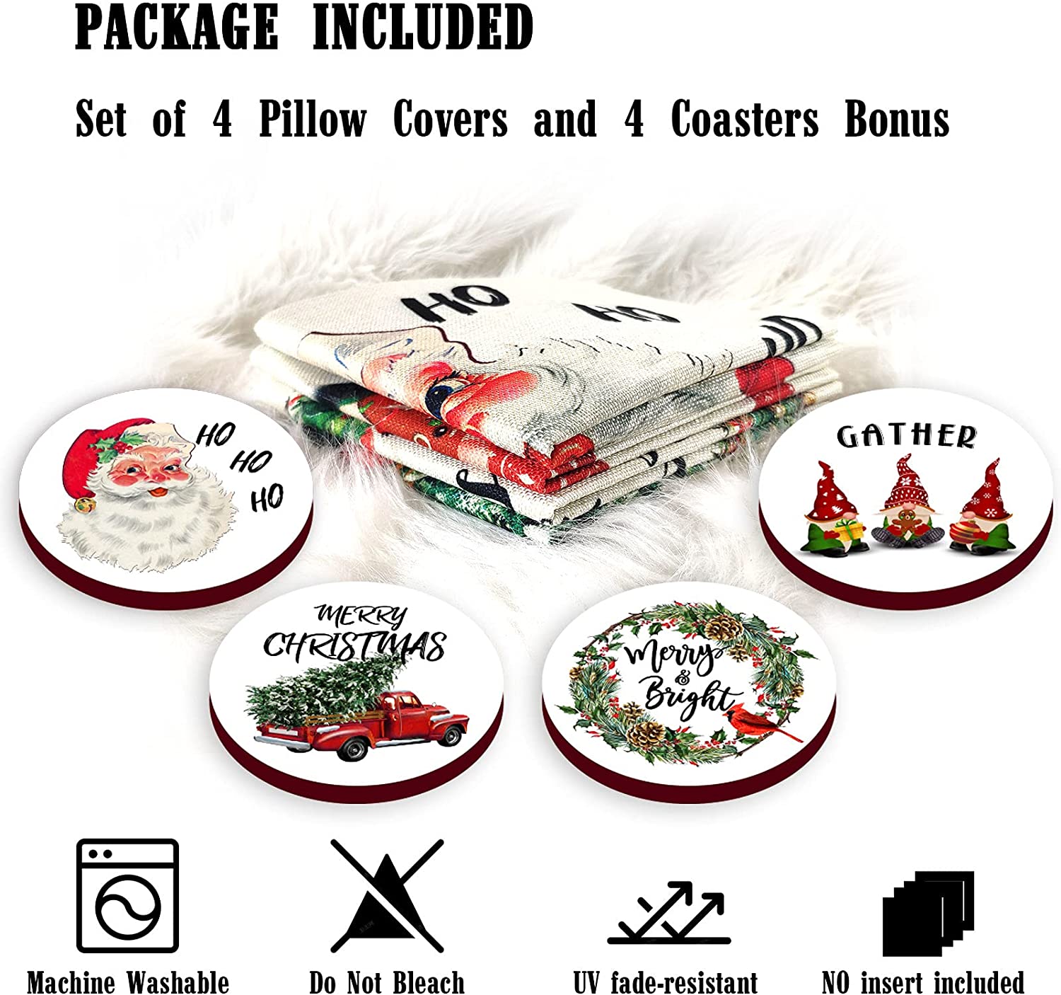 Set of 4 Christmas Throw Pillow Covers 18 x 18 with 4 Bonus Coasters (Santa, Gnome, Wreath)