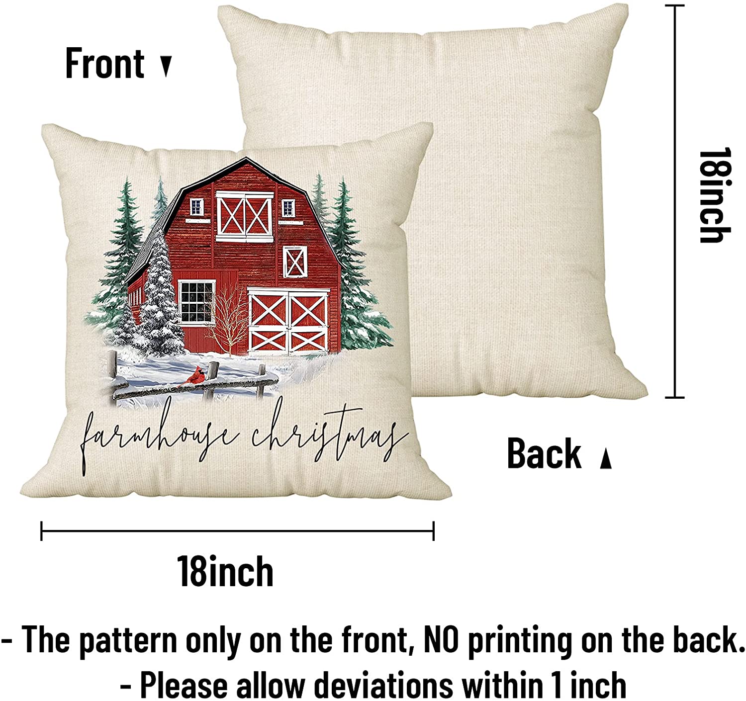 Set of 4 Rustic Christmas Pillow Covers 18 x 18 with 4 Bonus Coasters (Snow, Farmhouse)