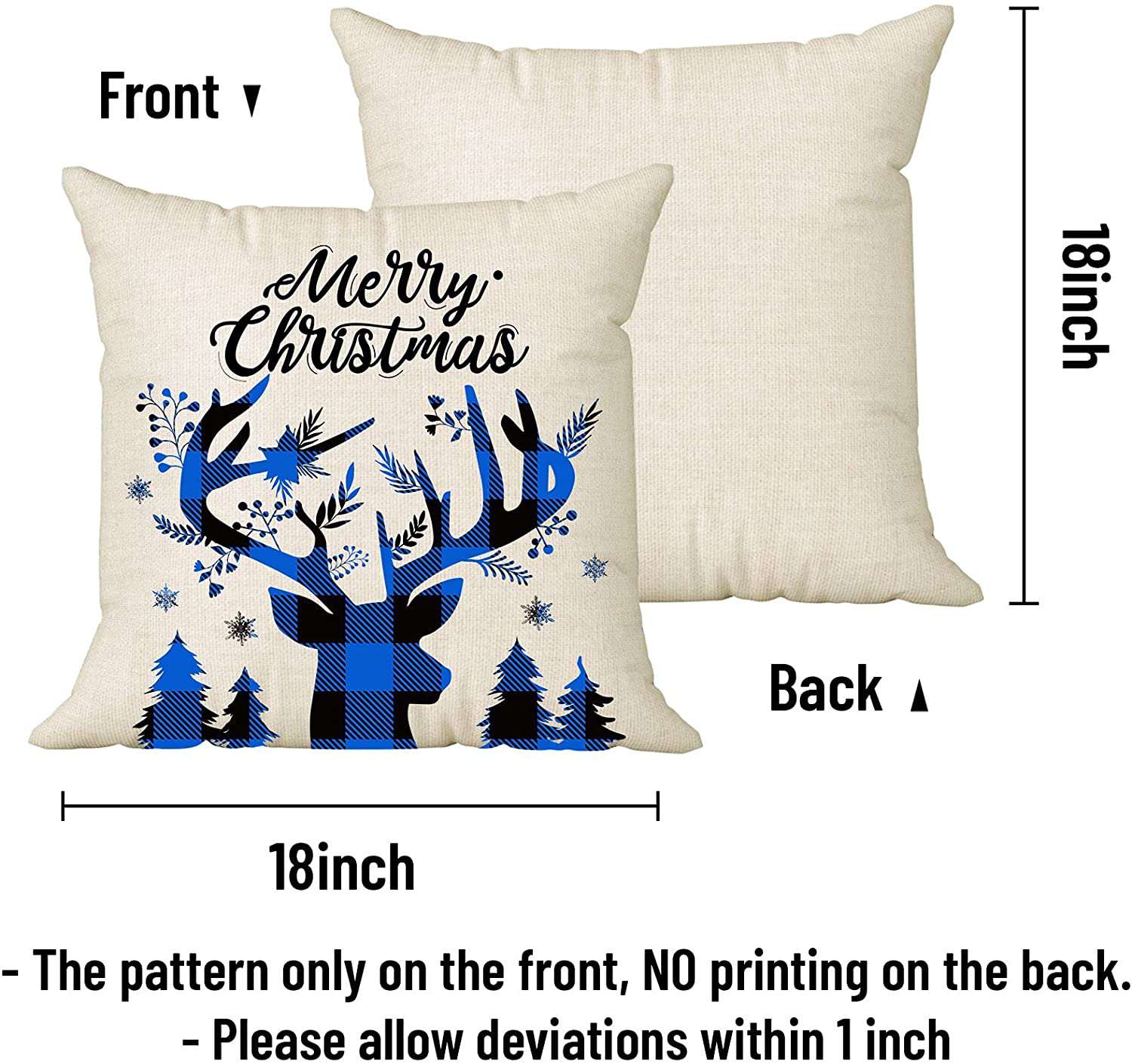 Set of 4 Christmas Pillow Covers 18x18 with 4 Bonus Coasters (Blue, Truck, Reindeer)