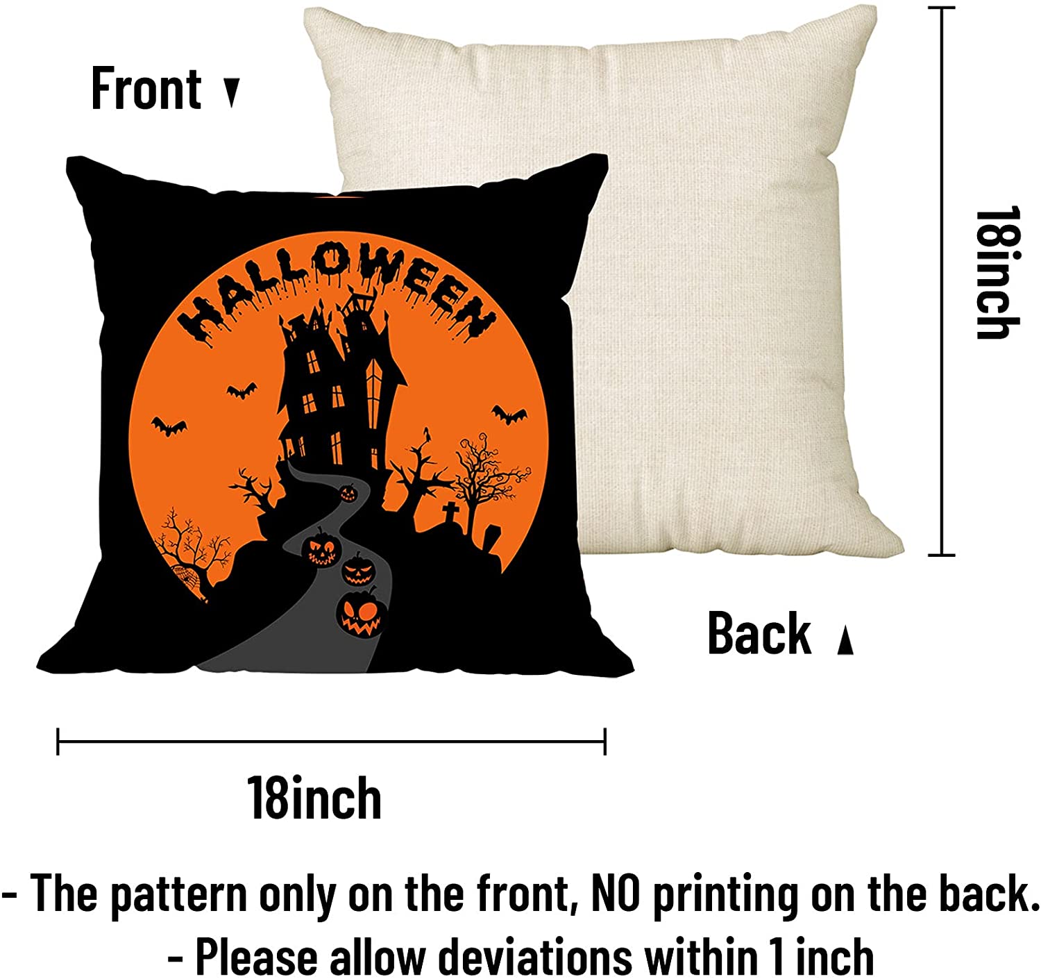 Set of 4 Halloween Pillow Covers 18 x 18 with 4 Bonus Coasters (Black Cat, Castle)