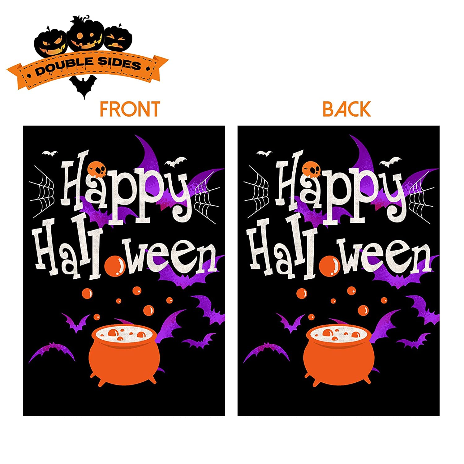 2 Pcs Double-Sided Happy Halloween Garden Flags 12 x 18 (Witch Hat, Pumpkin)