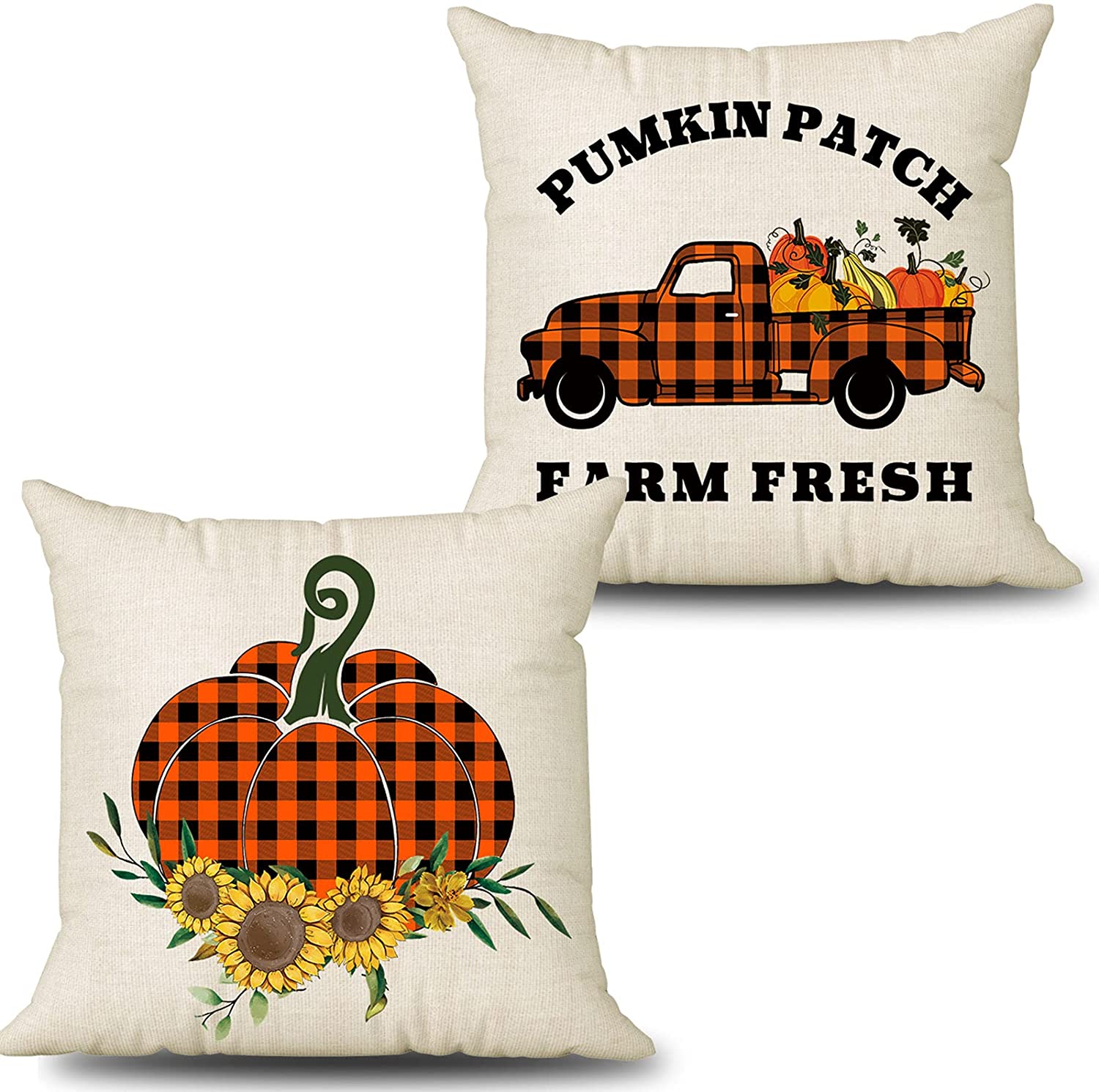 Set of 2 Farm Fresh Fall Pillow Covers 18 x 18 (Check, Truck, Pumpkin)