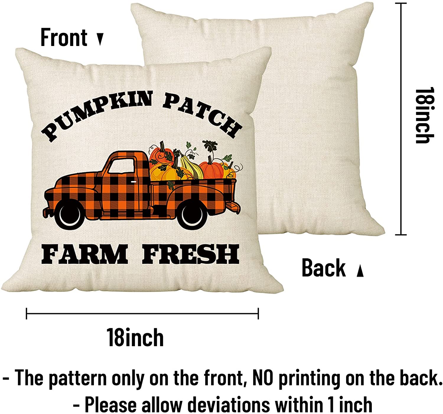 Set of 2 Farmhouse Fall Pillow Covers 18 x 18 (Check, Truck, Pumpkin)