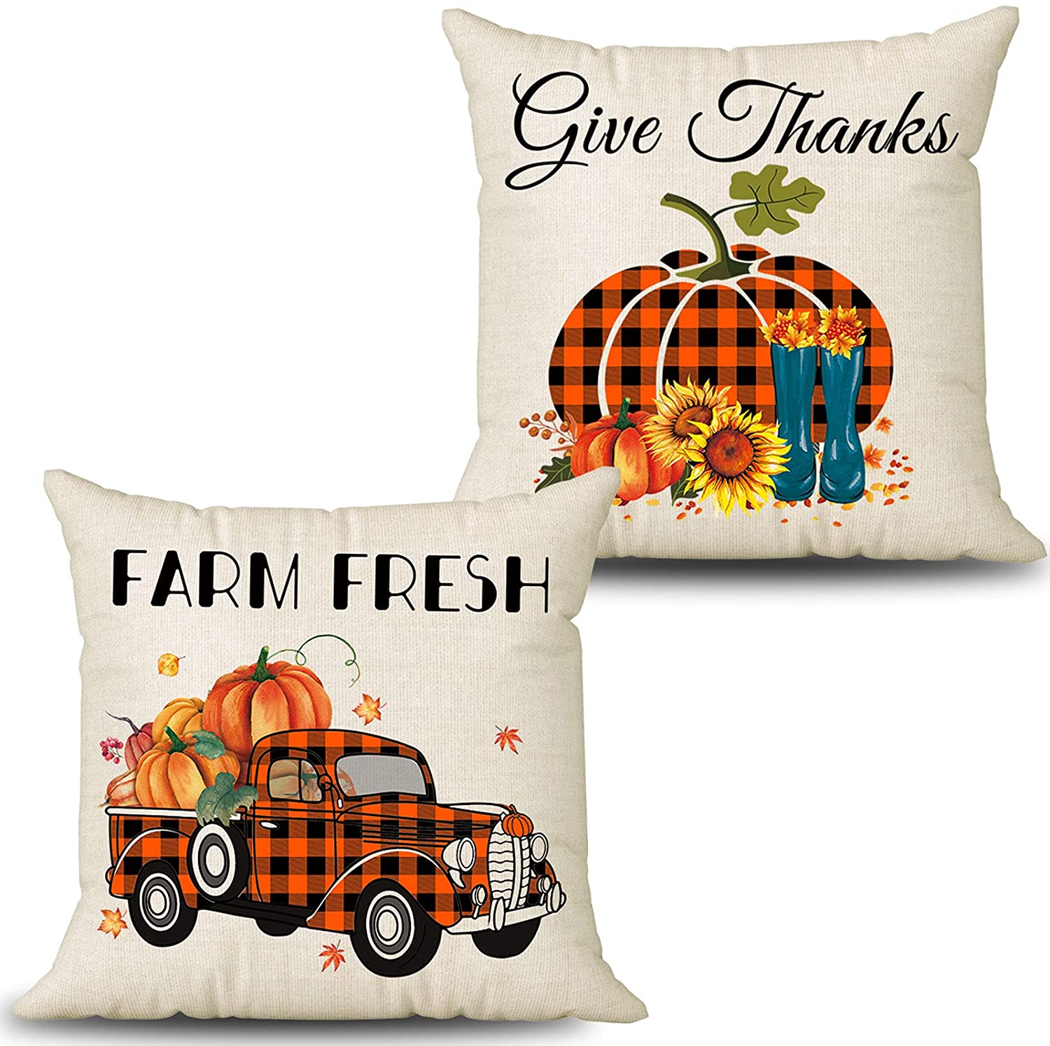 2 Pcs Farmhouse Pillow Covers 18 x 18 (Plaid, Truck, Pumpkin)