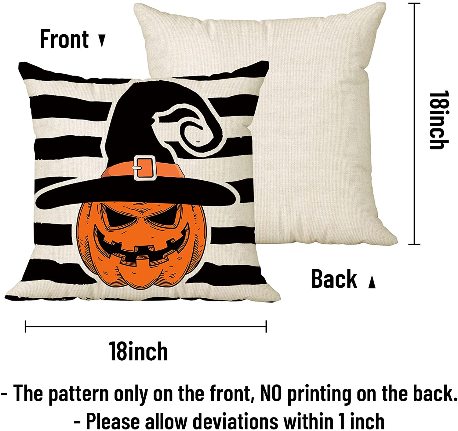 Set of 4 Happy Halloween Pillow Cover 18 x 18 with 4 Bonus Decorative Coasters (Witch Hat, Pumpkin)