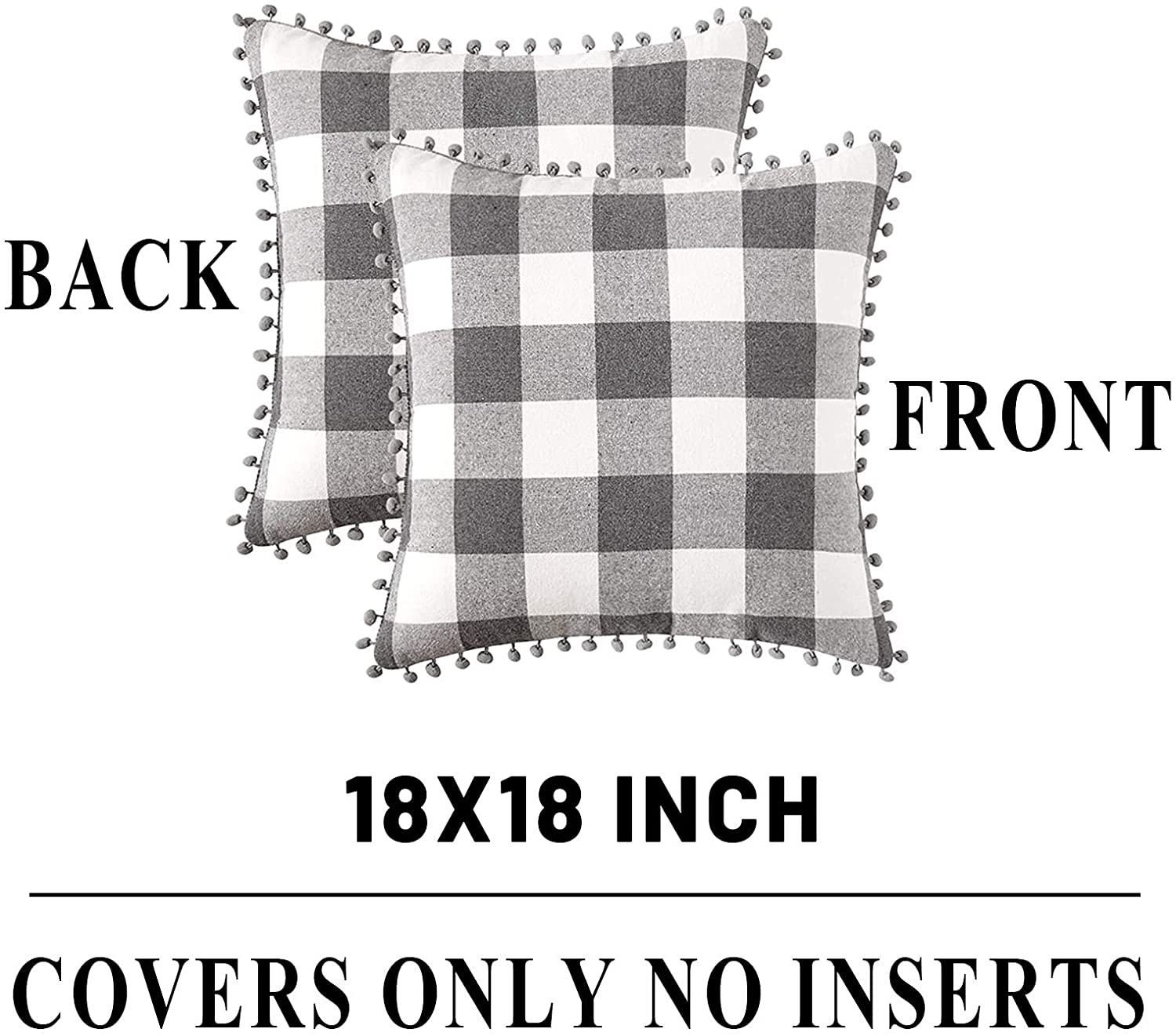 Set of 2 Soft Farmhouse Buffalo Check Pillow Covers 18 x 18 with 2 Bonus Coasters (Grey & White)