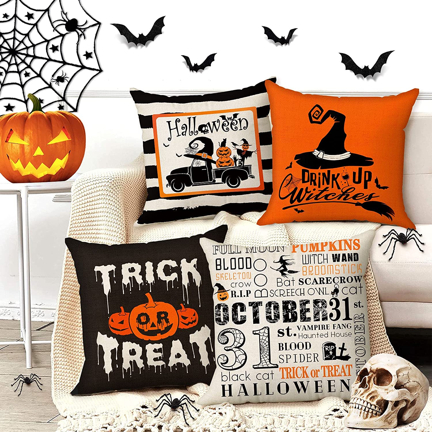 Set of 4 Spooky Halloween Pillow Cover 18 x 18 with 4 Bonus Coasters (Witch Hat, Truck)