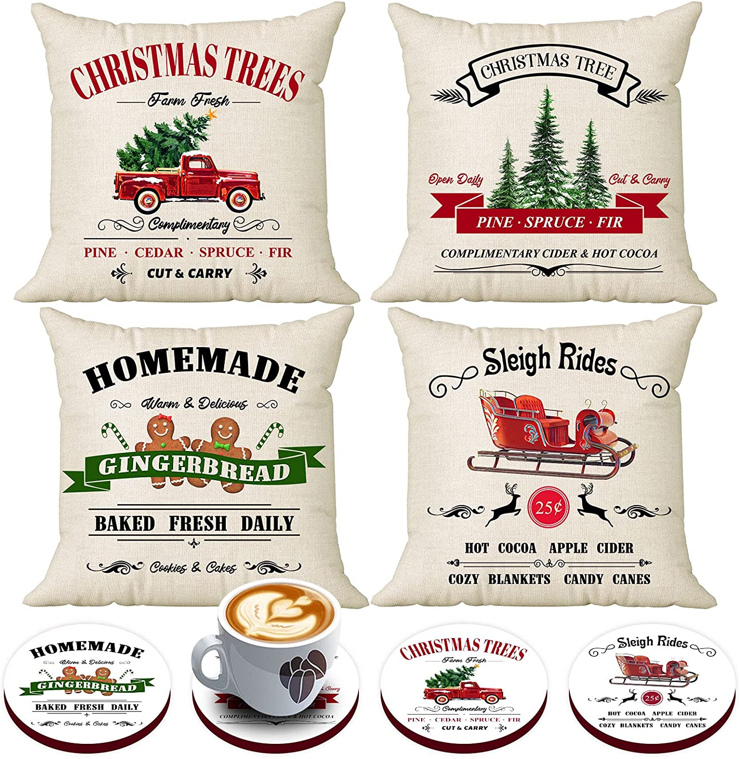 Set of 4 Farmhouse Christmas Pillow Covers 18 x 18 with 4 Bonus Coasters, (Sleigh Rides, Gingerbread)