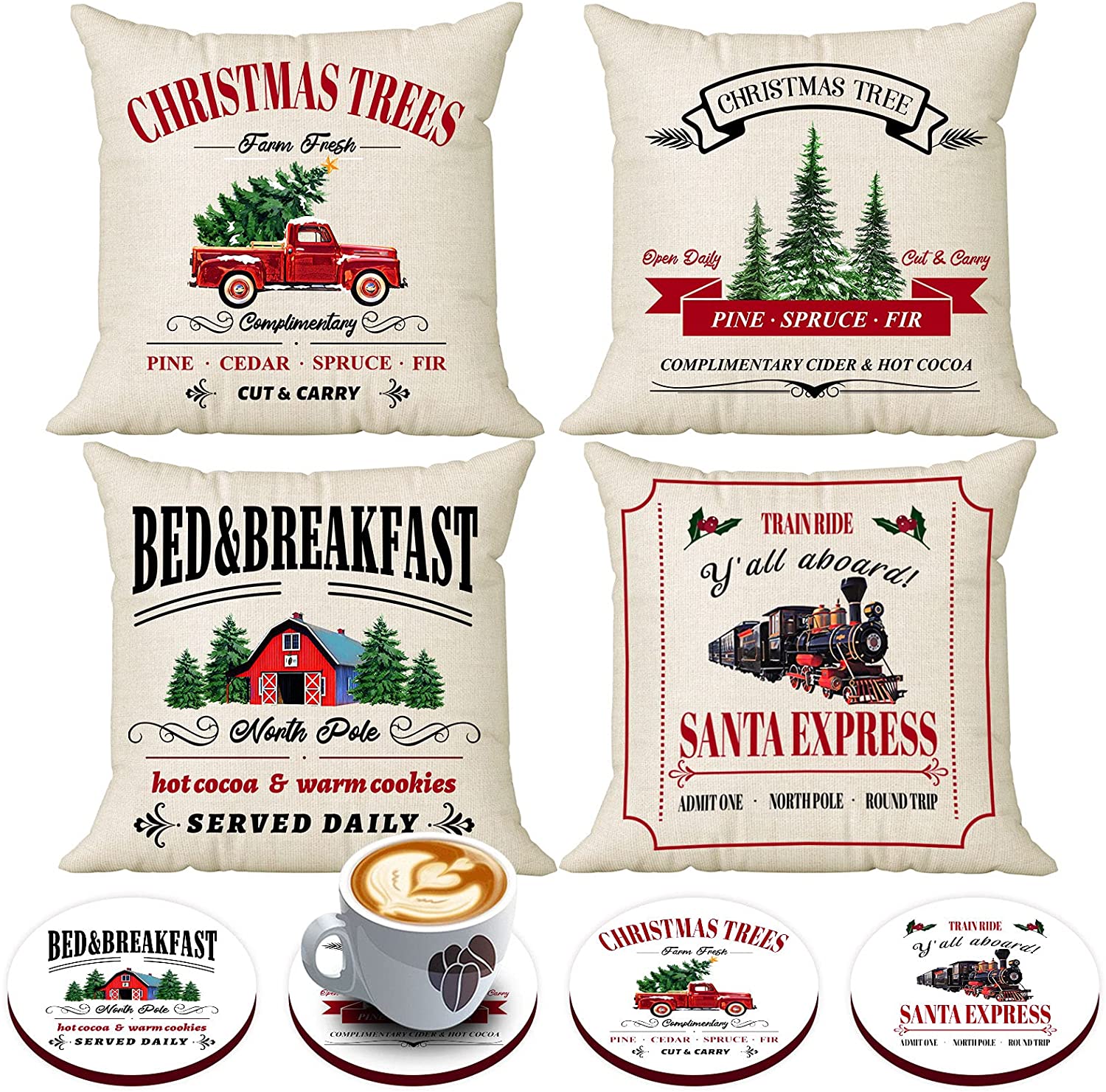 4 Pcs Rustic Christmas Pillow Covers 18x18 with 4 Bonus Coasters (Tree, Express)