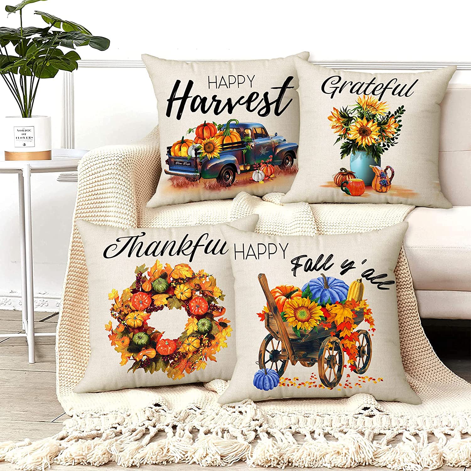 Set of 4 Pillow Covers 18x18, Desert Cactus Plant Design Cotton