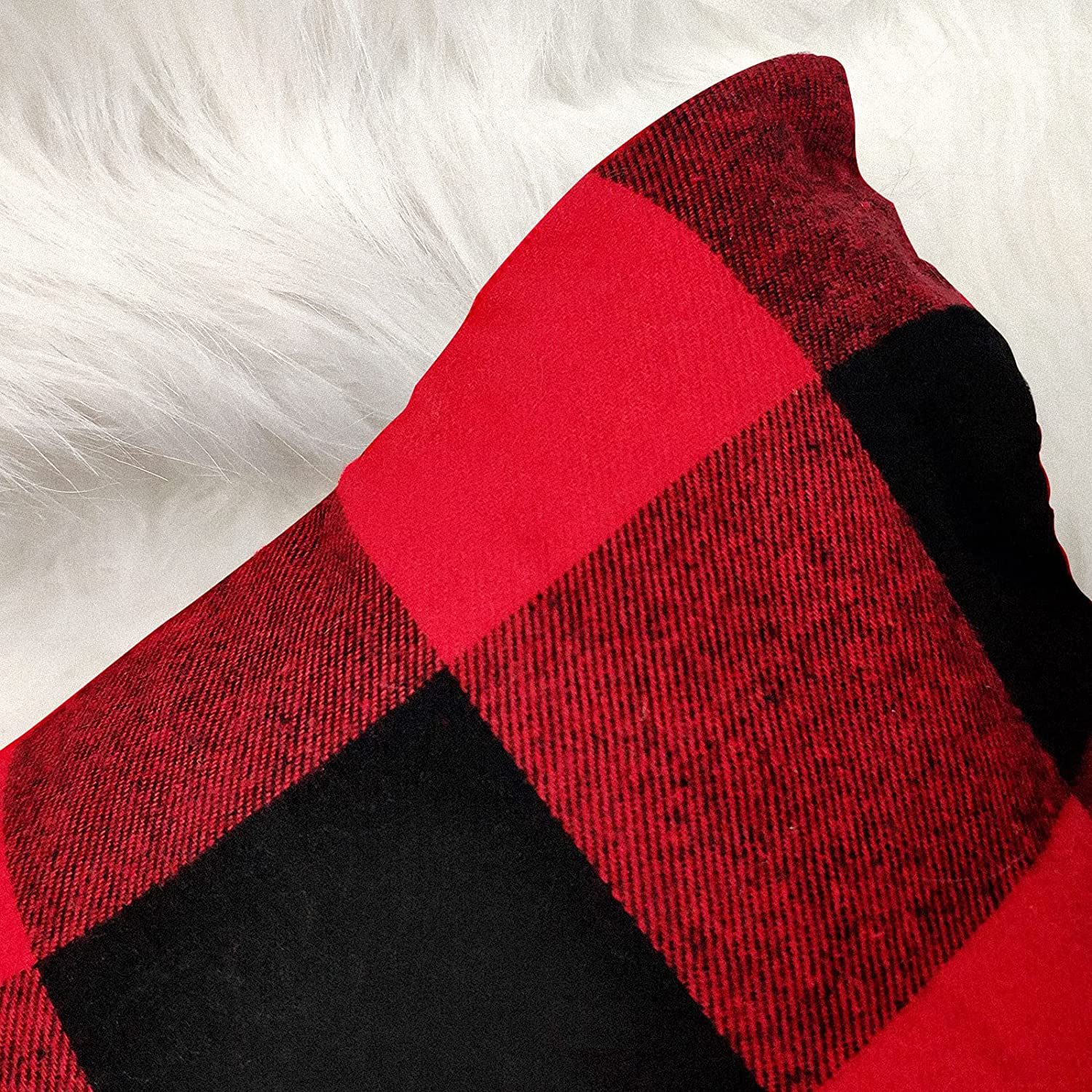 Set of 2 Farmhouse Buffalo Check Pillow Covers 18 x 18 with 2 Bonus Coasters (Red & Black)