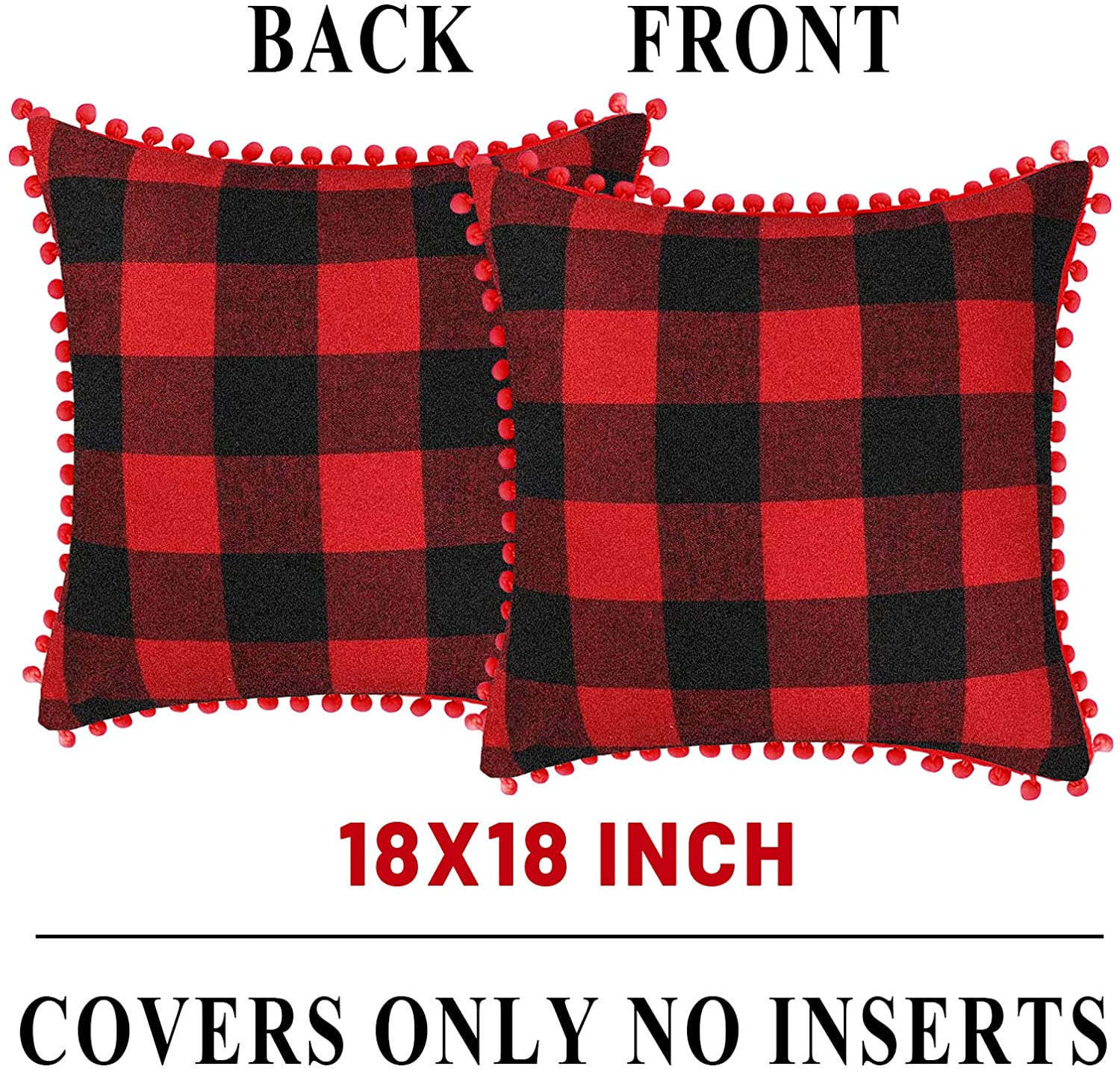Set of 2 Farmhouse Buffalo Check Throw Pillow Covers 18 x 18 with 2 Bonus Coasters (Red & Black)