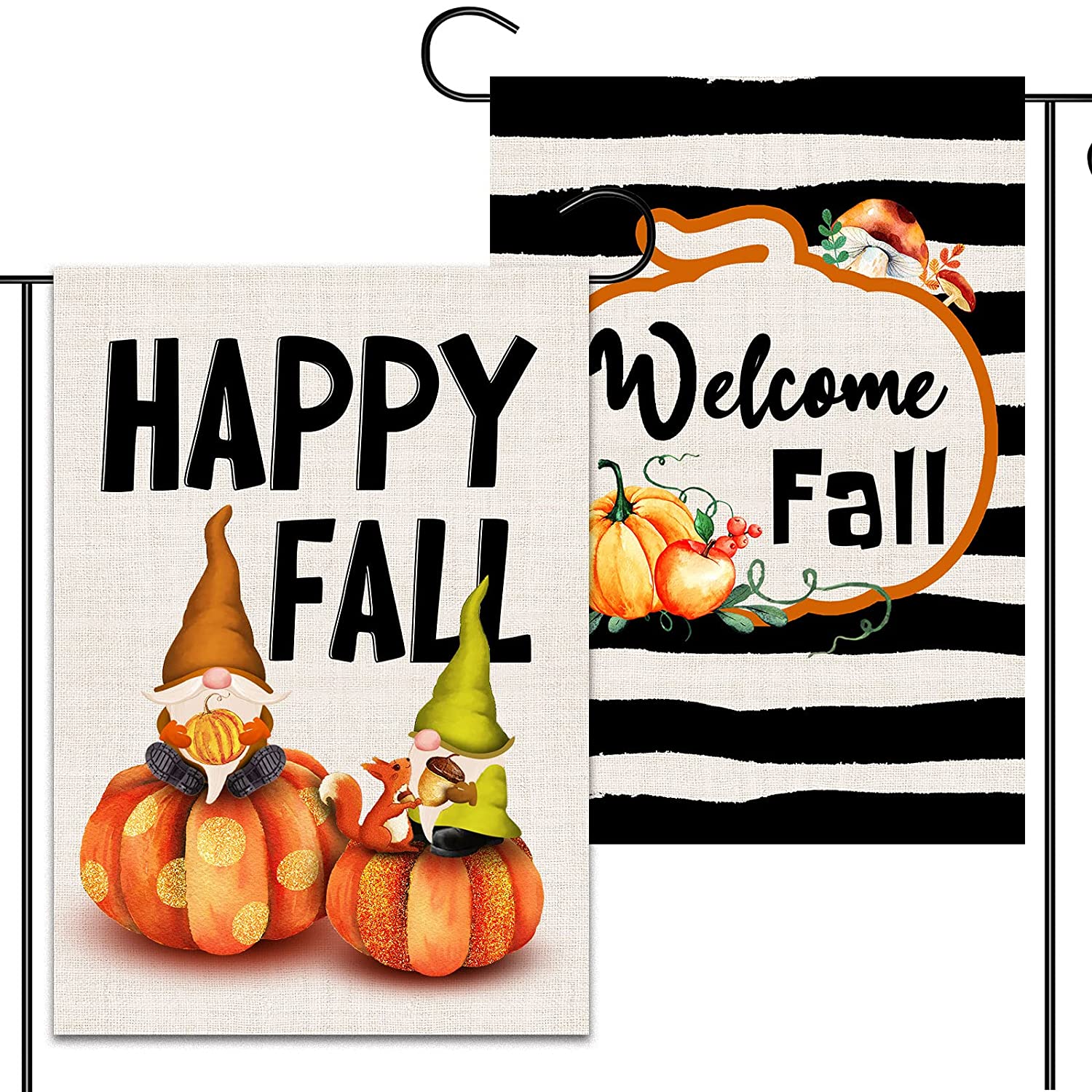 2 Pcs Thanksgiving Fall Garden Flags 12x18 Double Sided, Burlap Watercolor Stripe Pumpkin And Happy Fall Gnome Garden Flags, Harvest Farmhouse Decorations Yard Sign For Pumpkin Patch