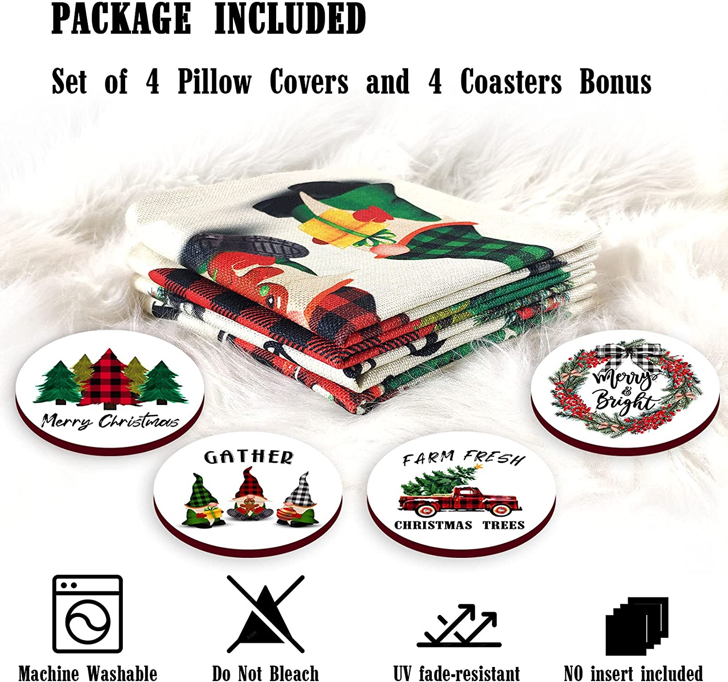 Set of 4 Buffalo Plaid Christmas Pillow Covers 18 x 18 with 4 Bonus Coasters (Gnome, Wreath)