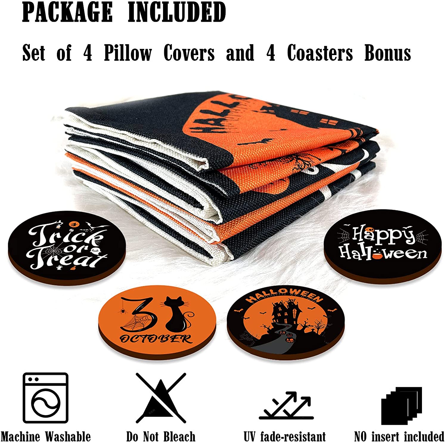 Set of 4 Halloween Pillow Covers 18 x 18 with 4 Bonus Coasters (Black Cat, Castle)