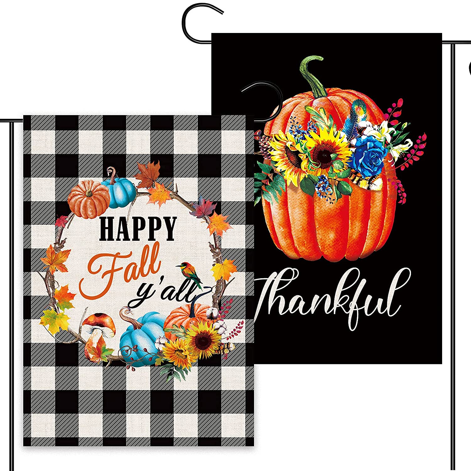 2 Pcs Welcome Fall Garden Flags  Double Sided 12 x 18 (Plaid, Wreath)