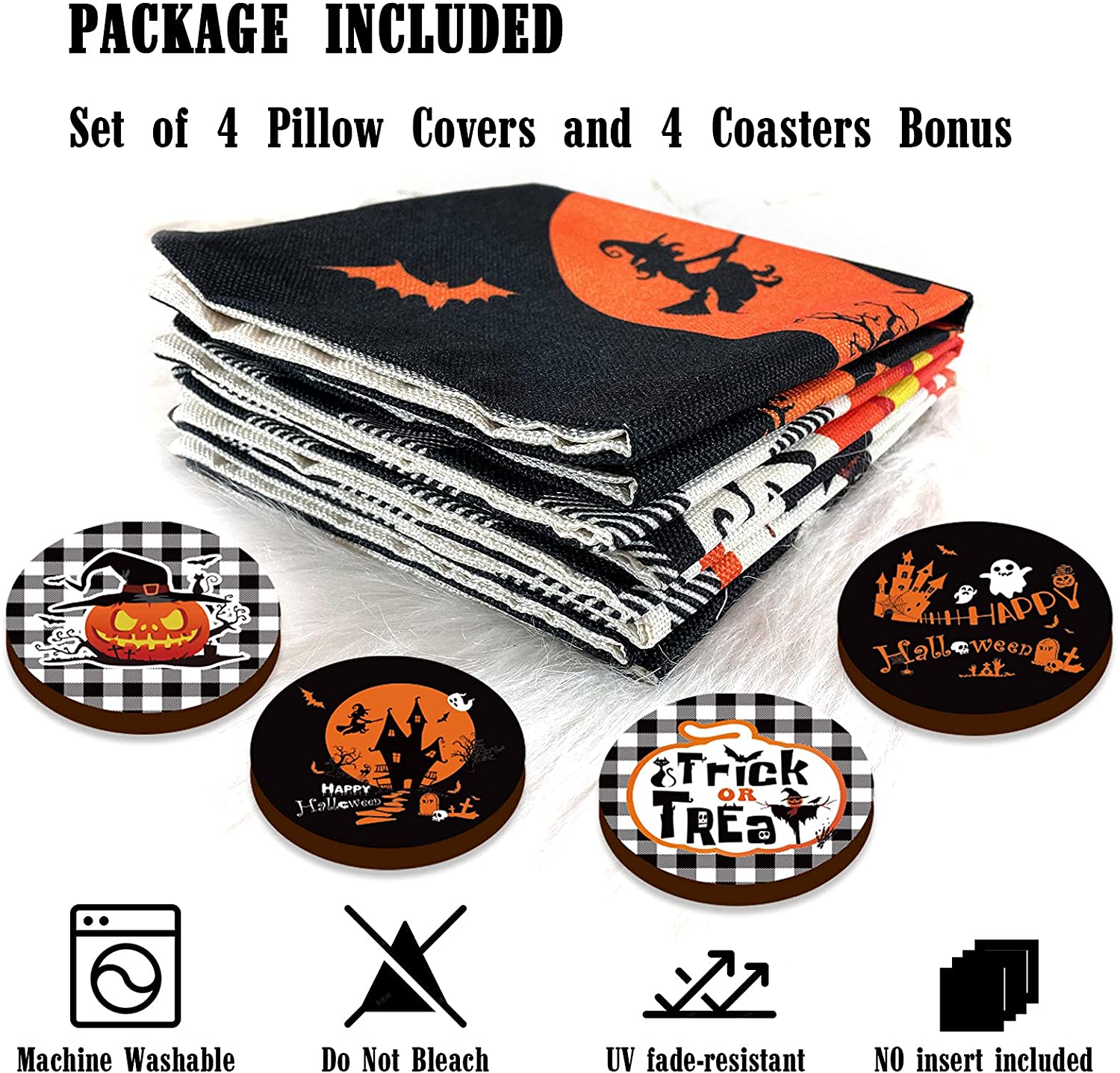 Set of 4 Happy Halloween Throw Pillow Covers 18 x 18 with 4 Bonus Coasters (Check, Pumpkin)
