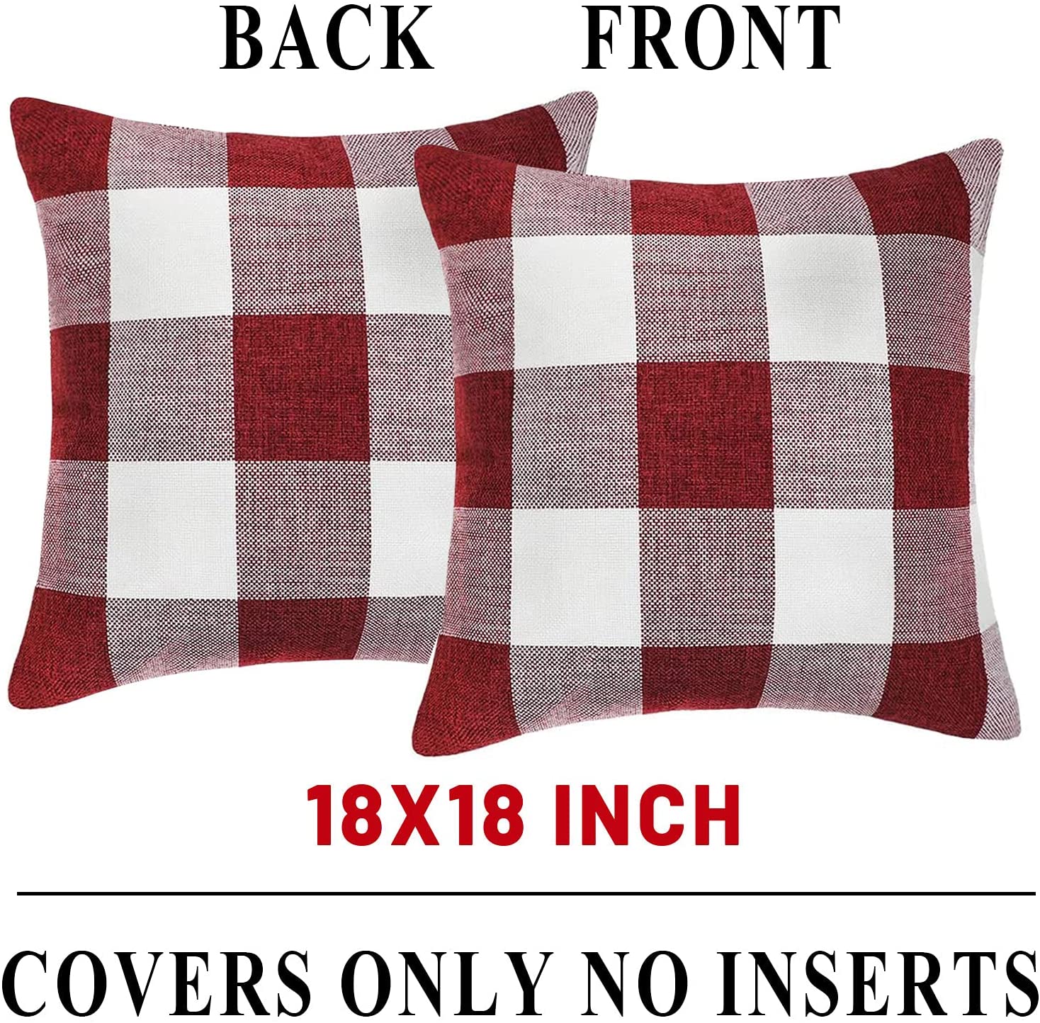 Set of 2 Farmhouse Buffalo Check Plaid Throw Pillow Covers 18 x 18 with 2 Bonus Coasters (Burgundy & White)