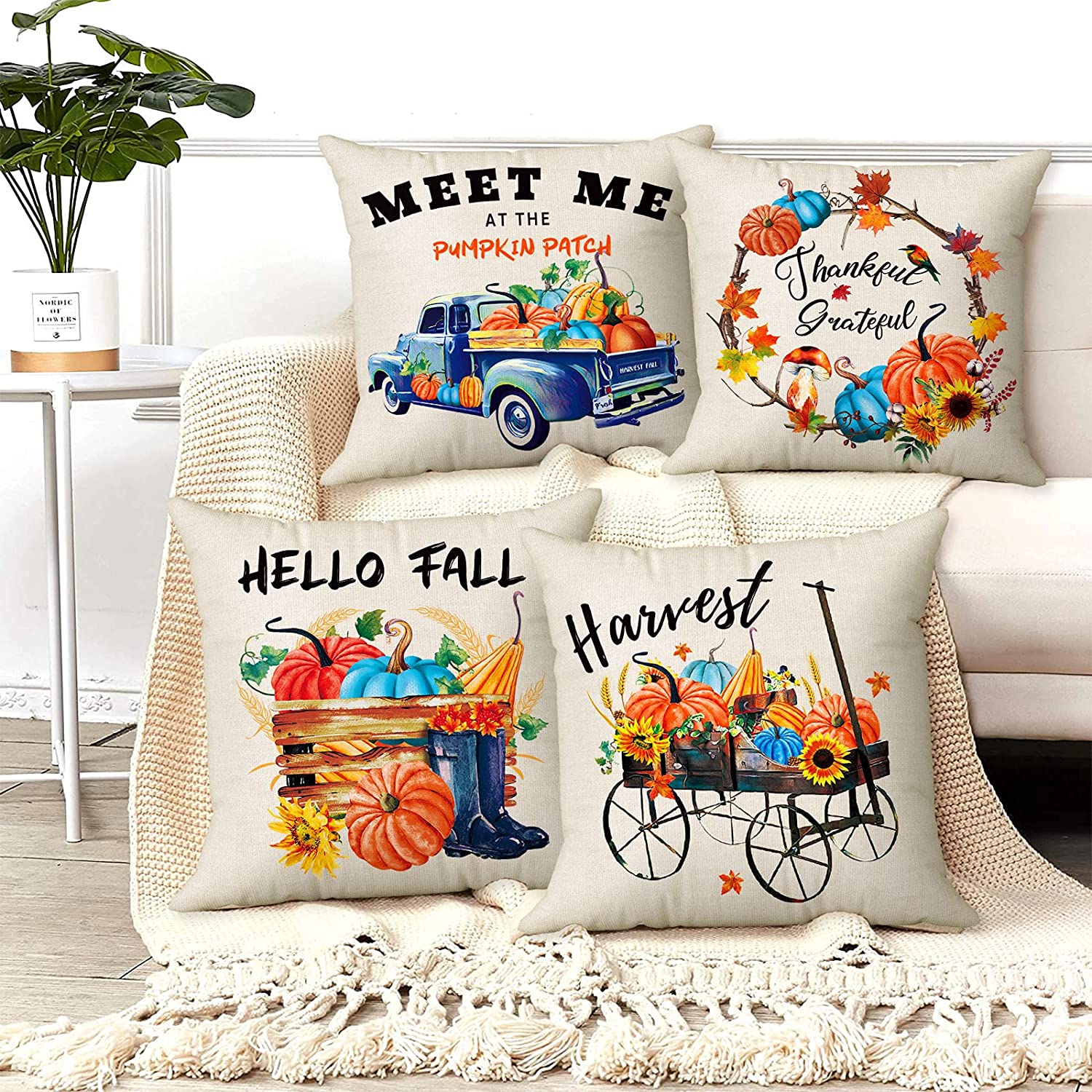 Set of 4 Hello Fall Pillow Covers 18 x 18 with 4 Bonus Coasters (Wreath, Truck)